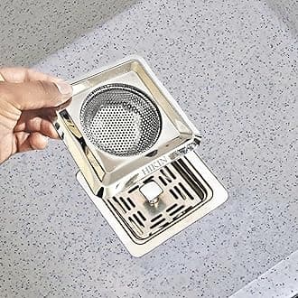 HIKIN SUPERMARKET Square Stainless Steel Kitchen Strainer,Sink Jali,Drain Filter,Wide Rim Anti Clogging Mesh Drain Filter Vegetable Hair Catcher Drain Cover,11.5Wx2.5H Centimeters