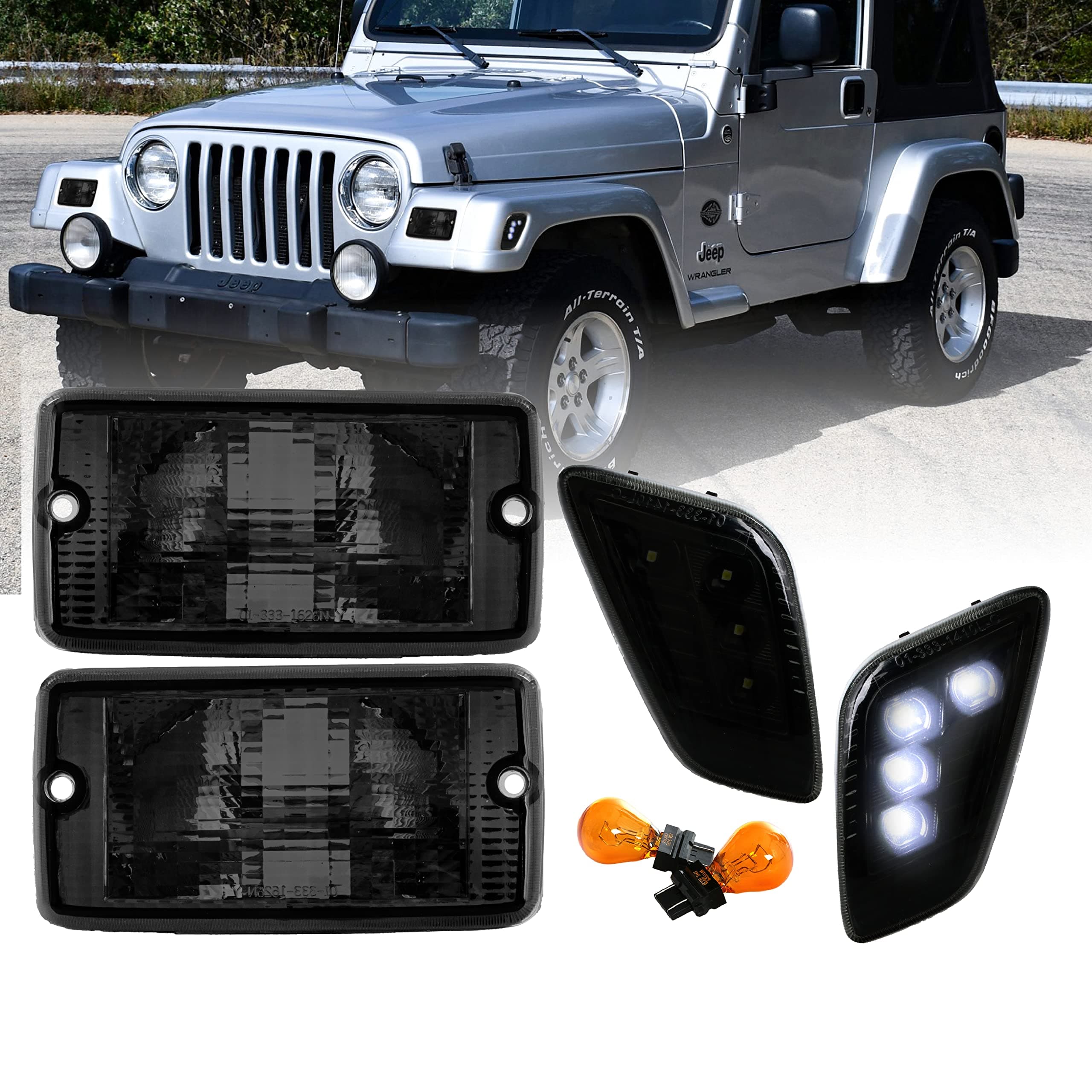 USR DEPO TJ LED Side Marker Lights - 4 Pieces COMBO Smoke Bumper Turn Signal Lamps + LED Fender Sidemrkers Light Compatible with 1997-2006 Wrangler TJ Chass (Smoked Lens with White LED Sidemarker)