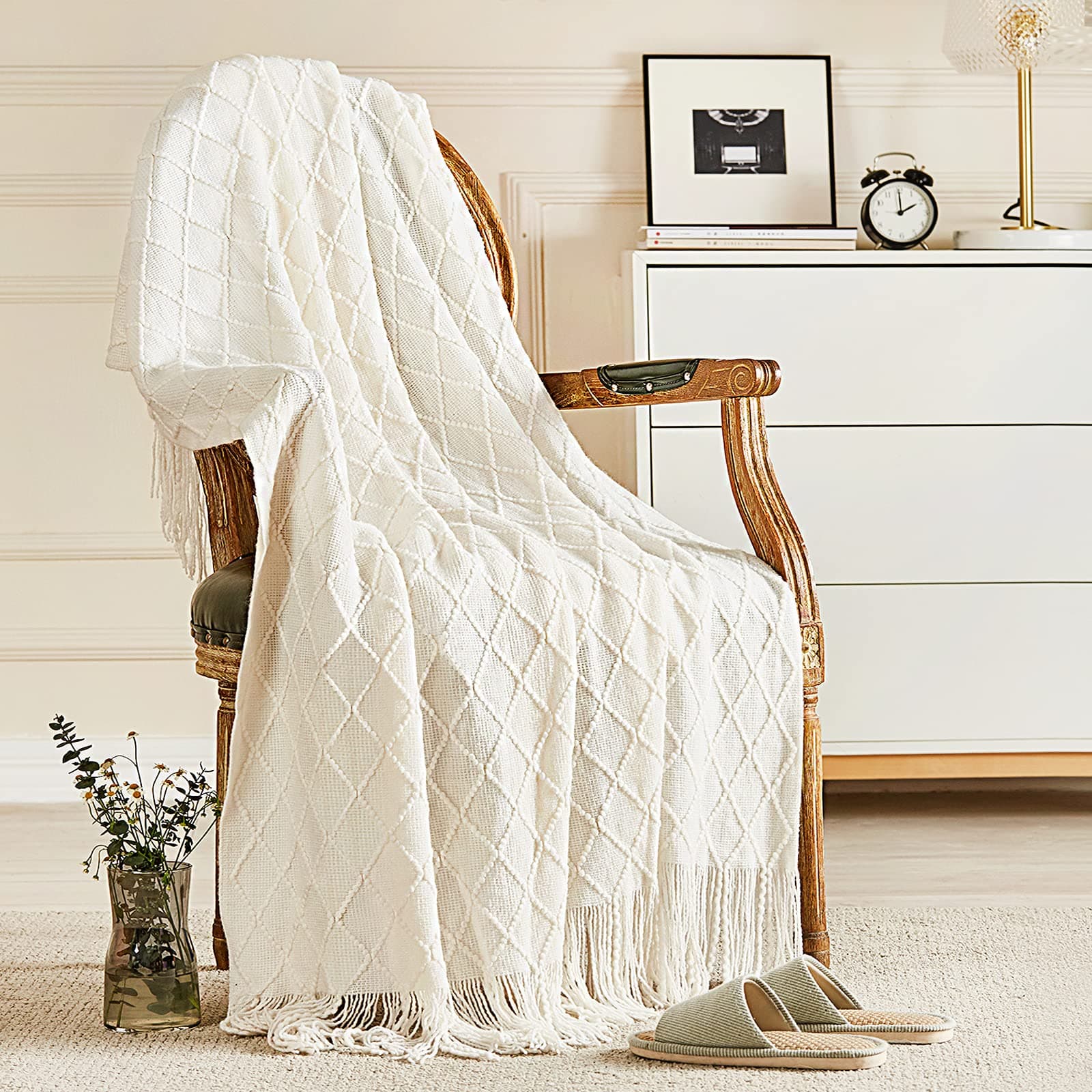 Knitted Throw Blankets for Couch and Bed, Soft Cozy Knit Blanket with Tassel, Off White Lightweight Decorative Blankets and Throws, Farmhouse Warm Woven Blanket for Men and Women, 50"x60"