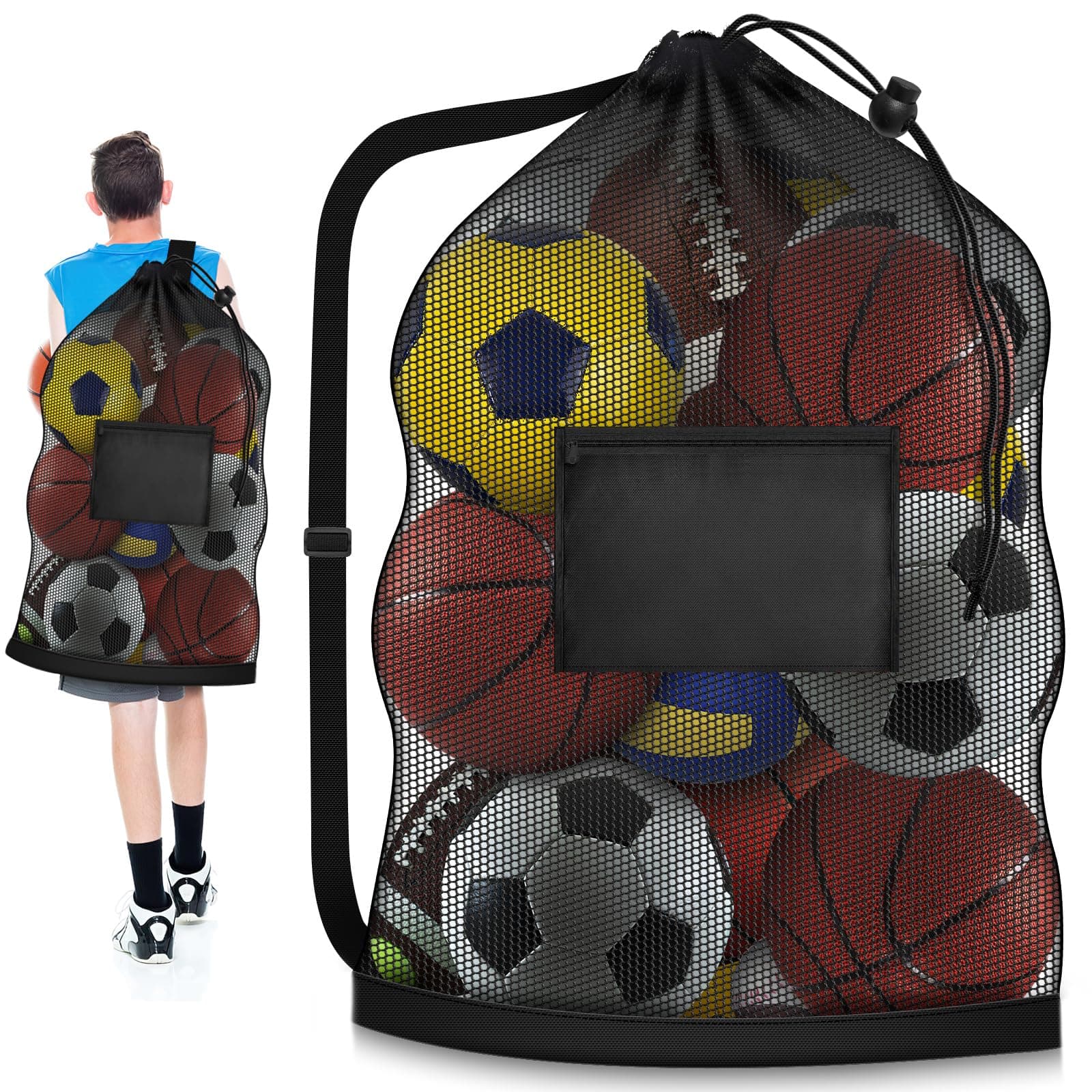 Extra Large Soccer Ball Bag, 40" x 30" Drawstring Mesh Ball Bag with Pocket, Heavy Duty Sport Net Sack for Coaches, Storage Bag for Basketball, Volleyball, Gym Equipment, Swimming Gear