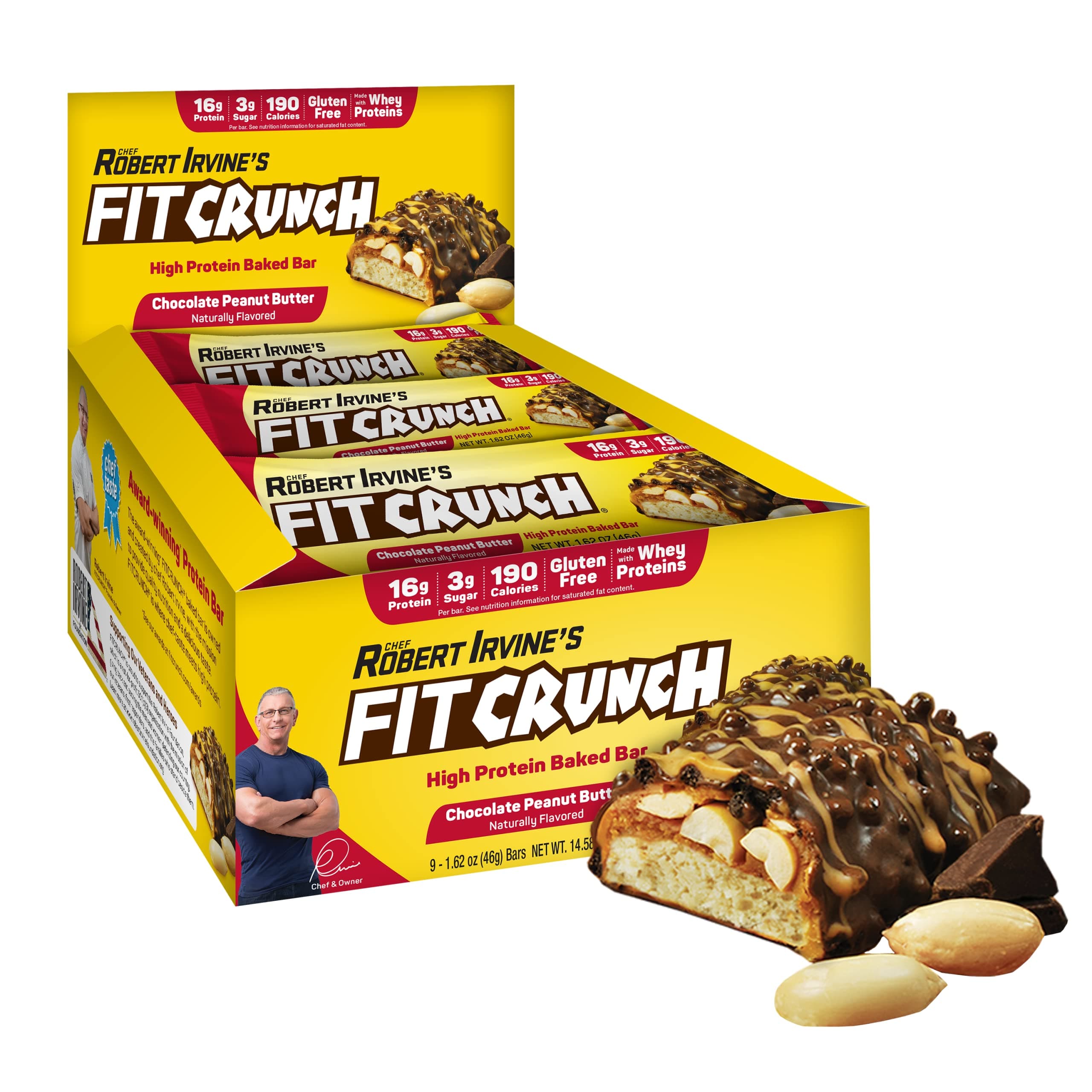 Snack Size Protein Bars, Designed by Robert Irvine, 6-Layer Baked Bar, 3g of Sugar, Gluten Free & Soft Cake Core (9 Bars, Chocolate Peanut Butter)
