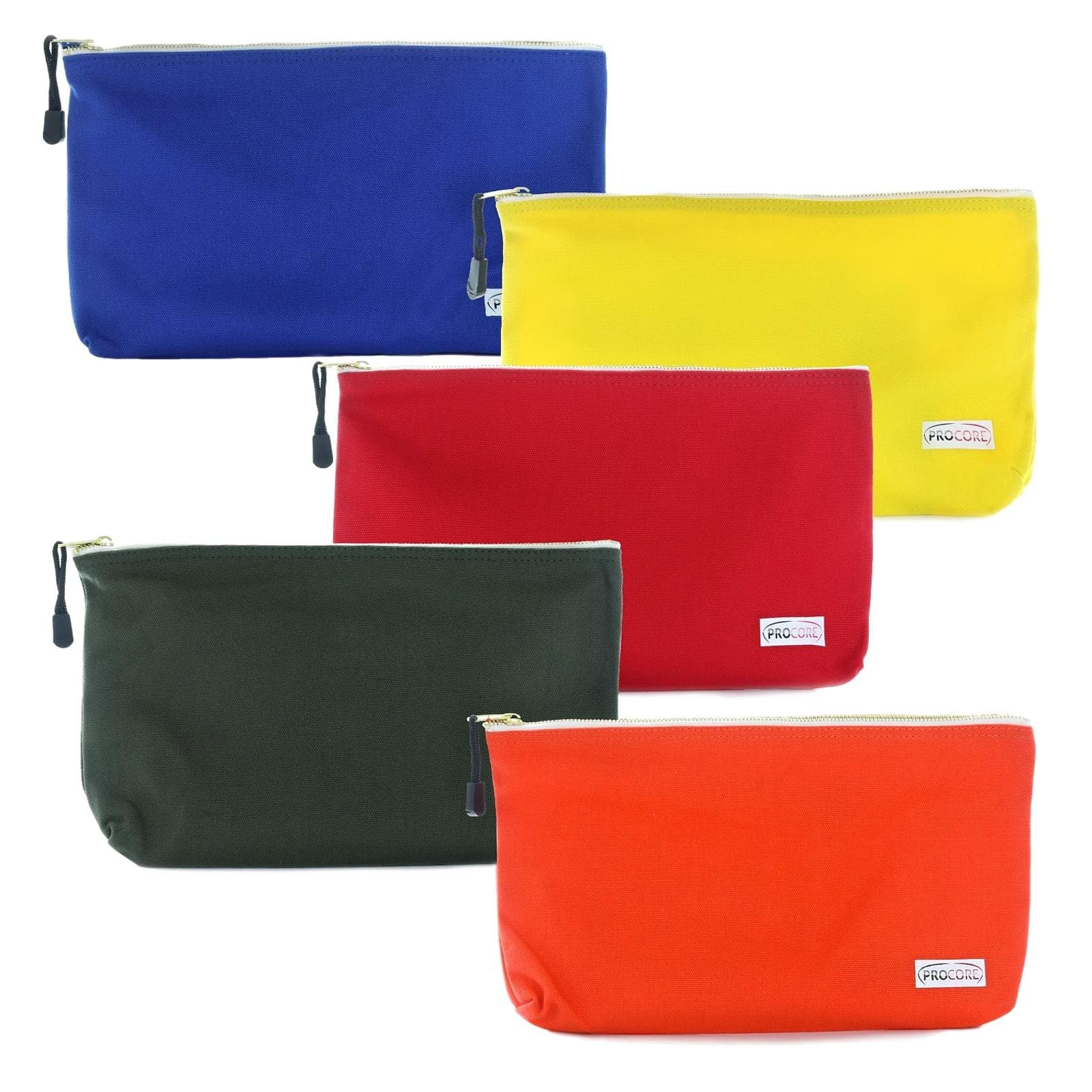 ProCore Products Canvas Tool Bag - Set of 5 Large Tool Storage Organizer Pouches 13" x 8" x 1.5" - Heavy Duty Zippered Utility Bag To Separate and Protect Your Tools Assorted Colors Totes Bonus Pouch