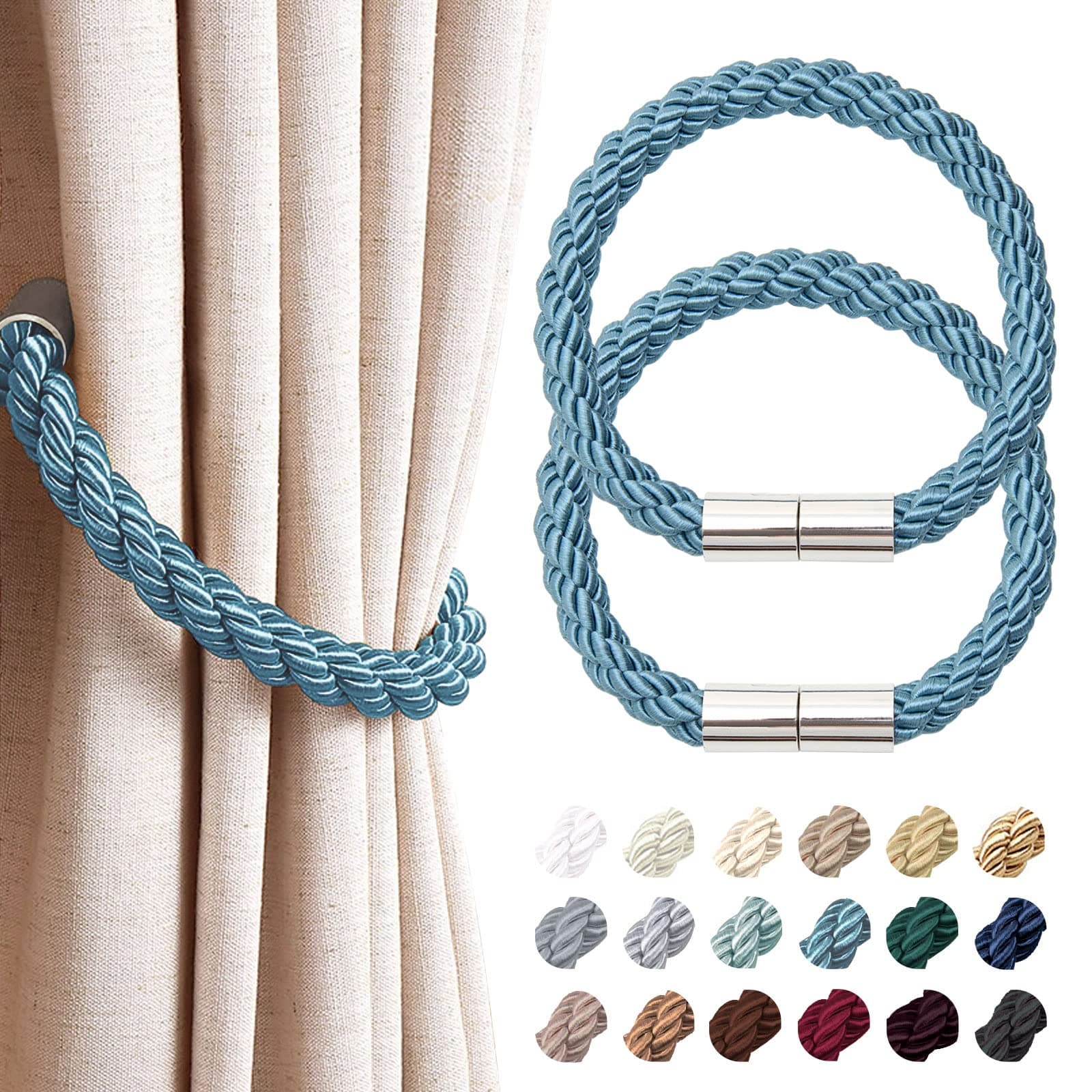NICEEC 2 Pack Strong Magnetic Curtain Tiebacks Modern Simple Style Drape Tie Backs Convenient Decorative Weave Rope Curtain Holdbacks for Thin or Thick Home & Office Window Draperies (Teal)