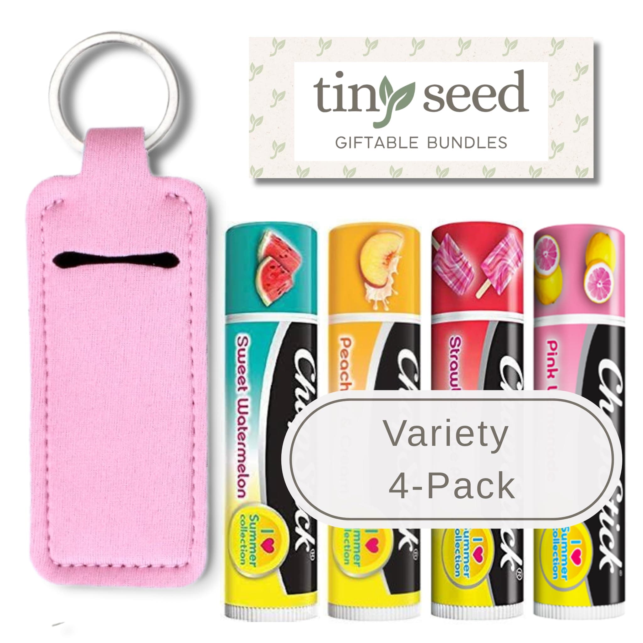TINY SEED Gift Set: Variety 4-Pack Lip Balm: Strawberry Ice Pop, Pink Lemonade, Peaches & Cream, Sweet Watermelon. Limited Edition I Love Summer Collection. Includes Lip Balm Holder Keychain (Pink)