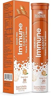 Sunshine Nutrition Immune Support Effervescent 20 Tablets | With Vitamin C + Zinc + Selenium | No Added Sugar | Orange Flavor | 80 Grams