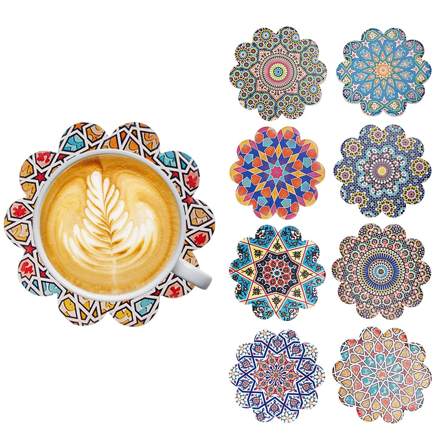Ceramic Coasters for Drinks,8 Colorful Designs with Black Holder, Mandala Print Design. Absorbent with Cork Backing