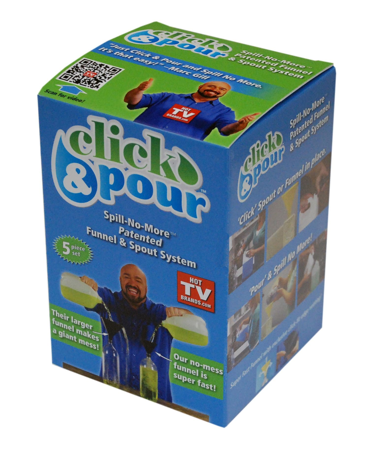 Click & Pour Funnel System, Spill-No-More Patented 5 Piece Funnel and Spout System, Hot TV Brands Amazing New Kitchen Funnel Set for the Home and Shop. This Is the One System for All of Your Household Needs. Funnel Fits on Any Size Bottle Such As Transmission Fluid Funnel, Paint Cans, Dog Food, Household Cleaners and so Much More! Dishwasher Safe, USA Made From Durable Recycled Plastic