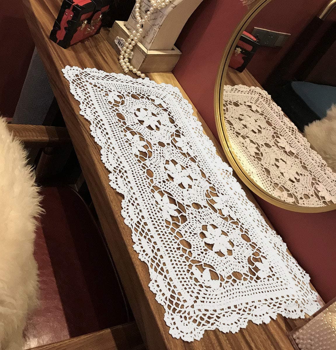 White Handmade Crochet Cotton Table Runner Lace Doilies Doily Rectangle Dresser Scarves,16 by 28 Inches.