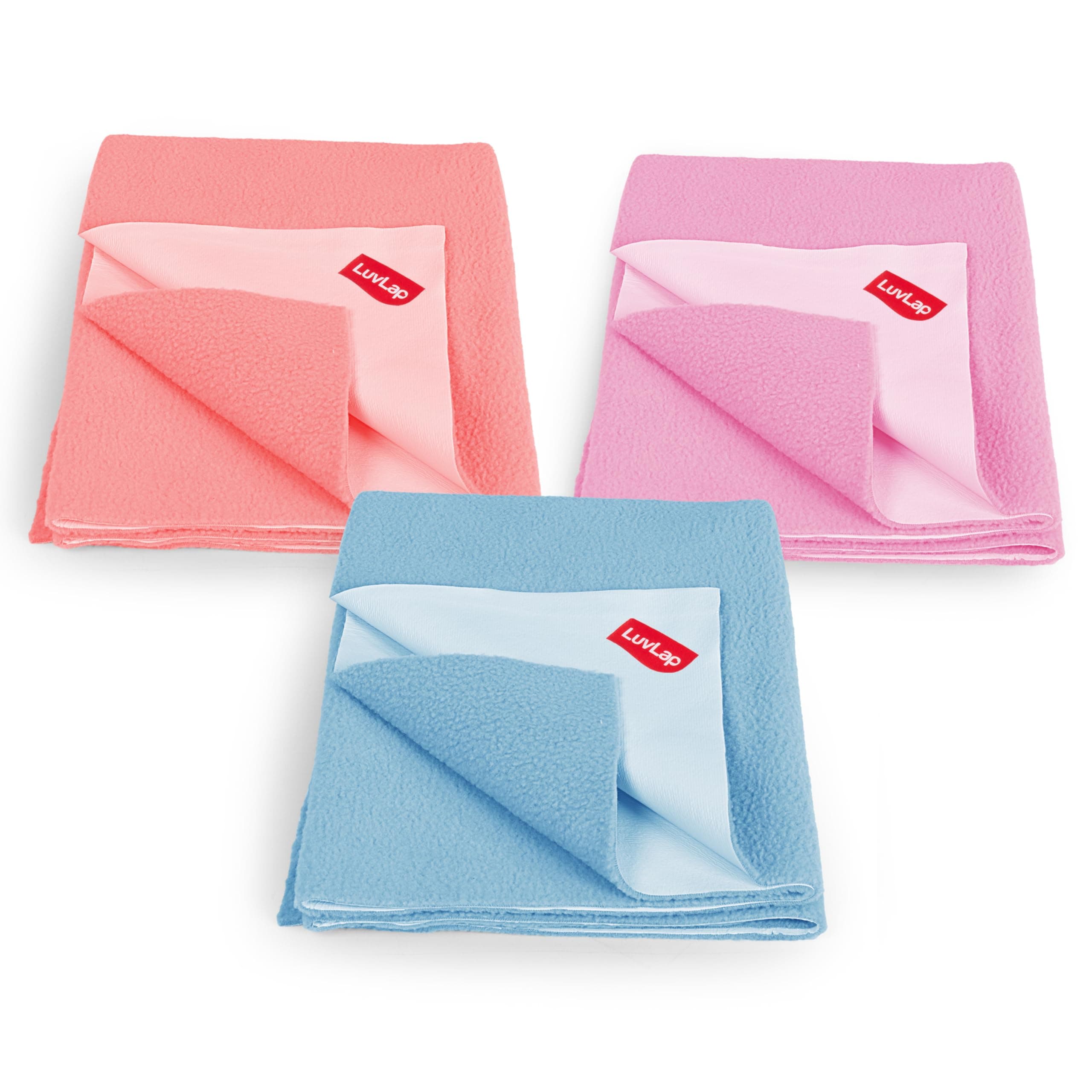 Luv Lap Instadry Extra Absorbent Dry Sheet/Bed Protector, 0m+ - Small 50 x 70cm, Pack of 3 (Salmon Rose, Baby Pink, Sky Blue)
