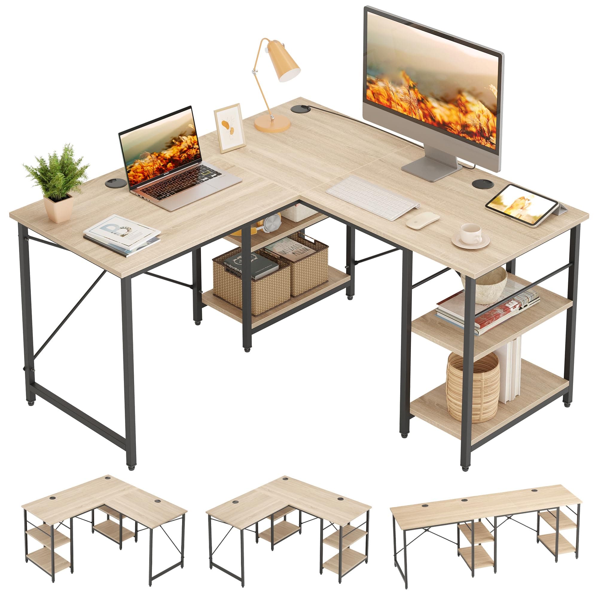 Bestier L-Shaped Computer Desk, 47.2-inch (120 cm) Wide, Gaming Desk, Desk with Storage Rack, Adjustable Shelf Height, Corner Desk, Office Desk, Remote Work, Home Office, Easy to Assemble, Oak