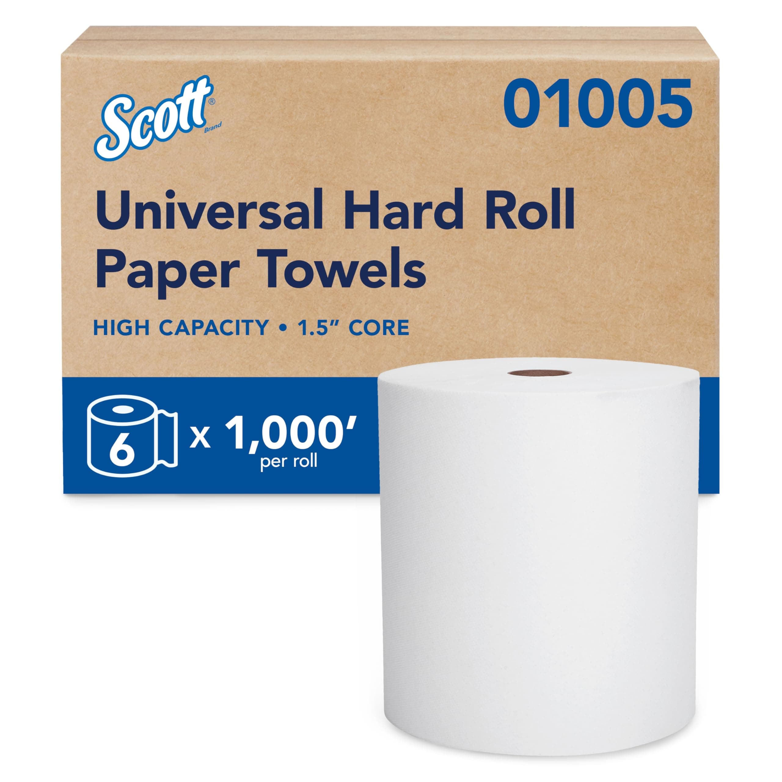 Professional Essential Universal High-Capacity Hard Roll Paper Towels, Bulk (01005), Hardwound 1.5" Core, Absorbency Pockets, White (6 Rolls at 1,000' Each, 6,000'/Case)