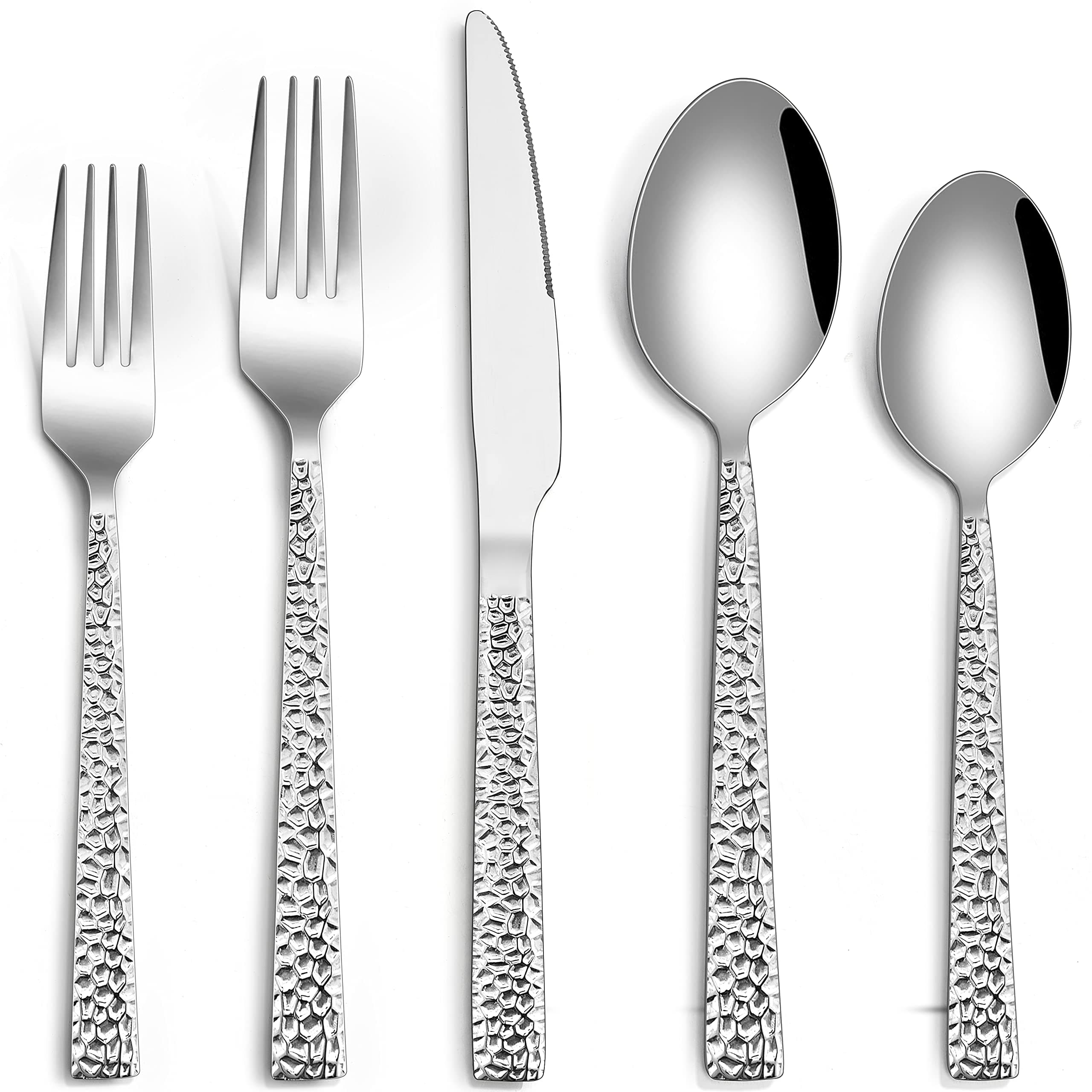 60-Piece Silverware Set, Stainless Steel Flatware Set for 12, Hammered Eating Utensils Tableware Cutlery Set for Kitchen Hotel Restaurant Party, Mirror Polished - Dishwasher Safe