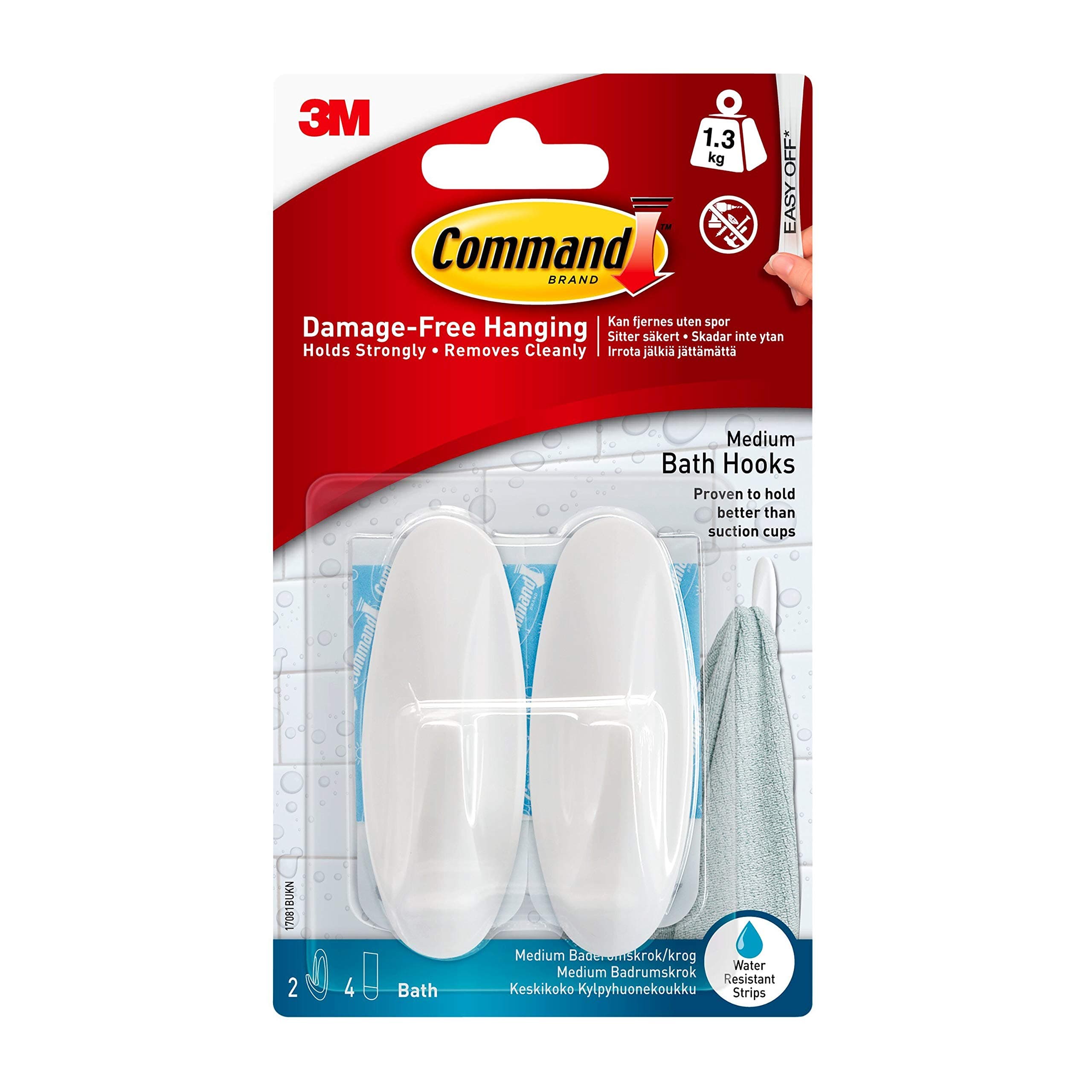Command Designer Bath Hooks, Medium, White, 2-Hooks with Water-Resistant Strips (17081B-ES)
