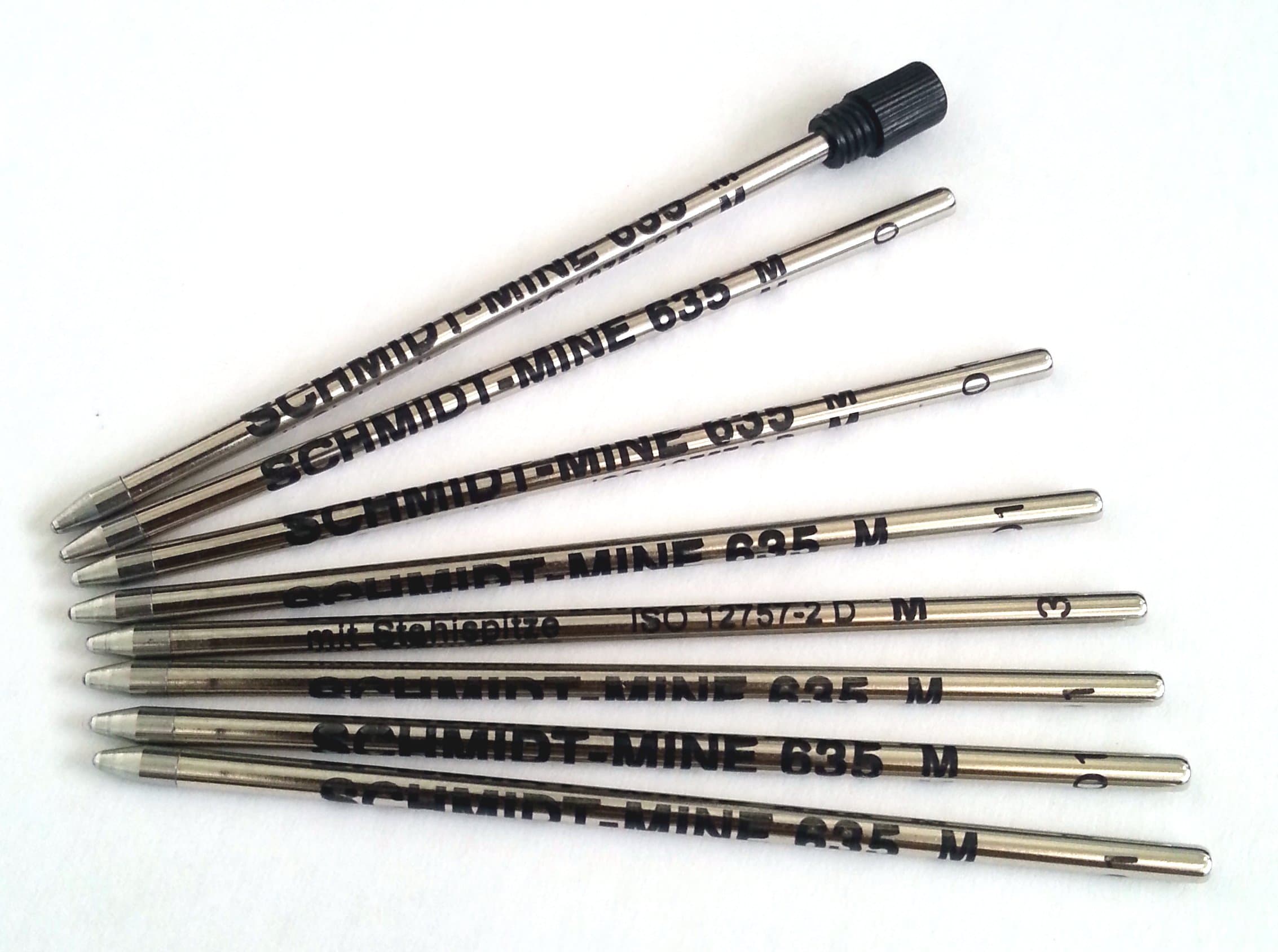 Schmidt 8 X 635M Mini Ball Pen D1 size Refills – BLACK Ink and one removable black end cap