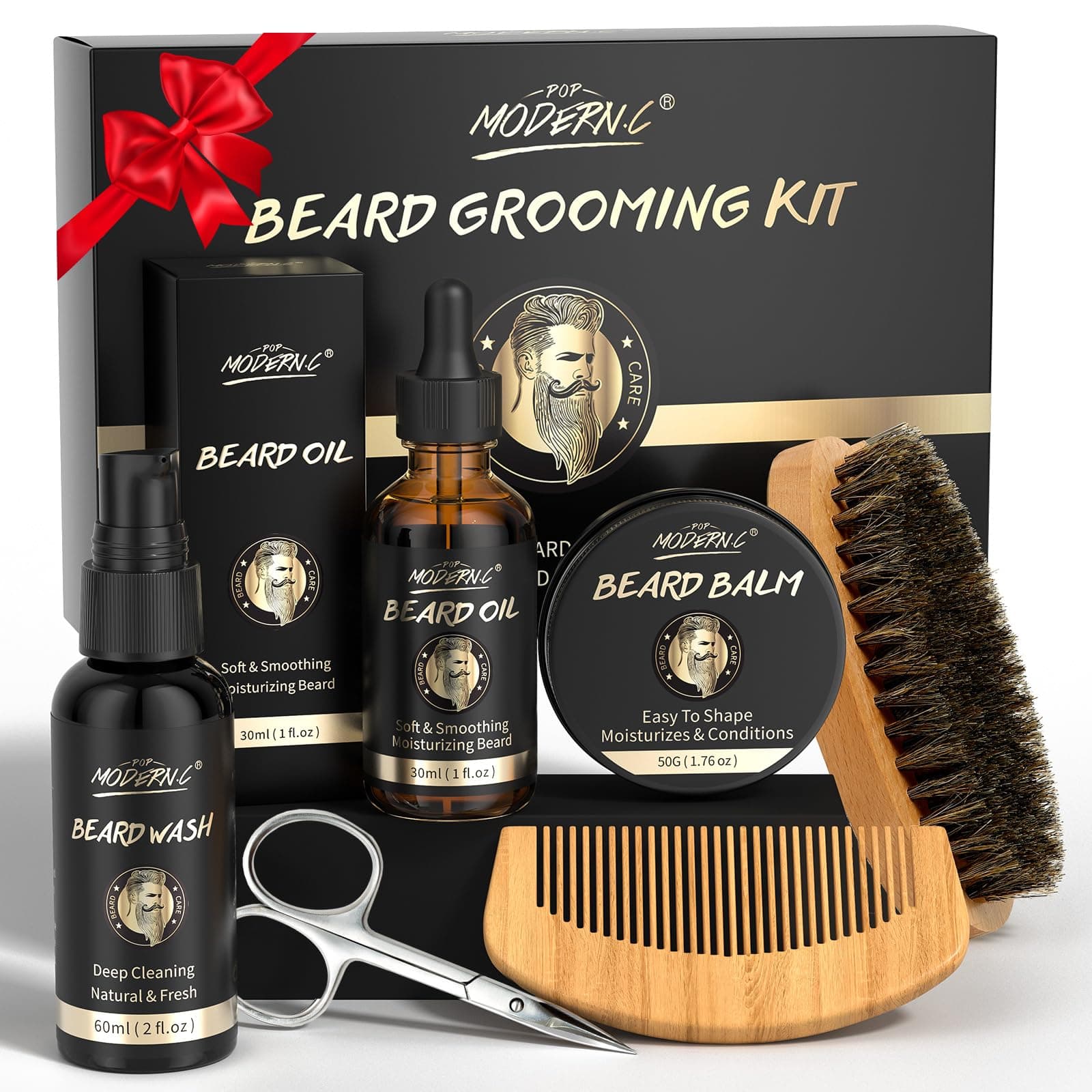 POP MODERN.C Beard Growth Kit Beard Grooming Kit 6pcs Beard Wash Shampoo Beard Oil Beard Balm Beard Comb Brush Scissors