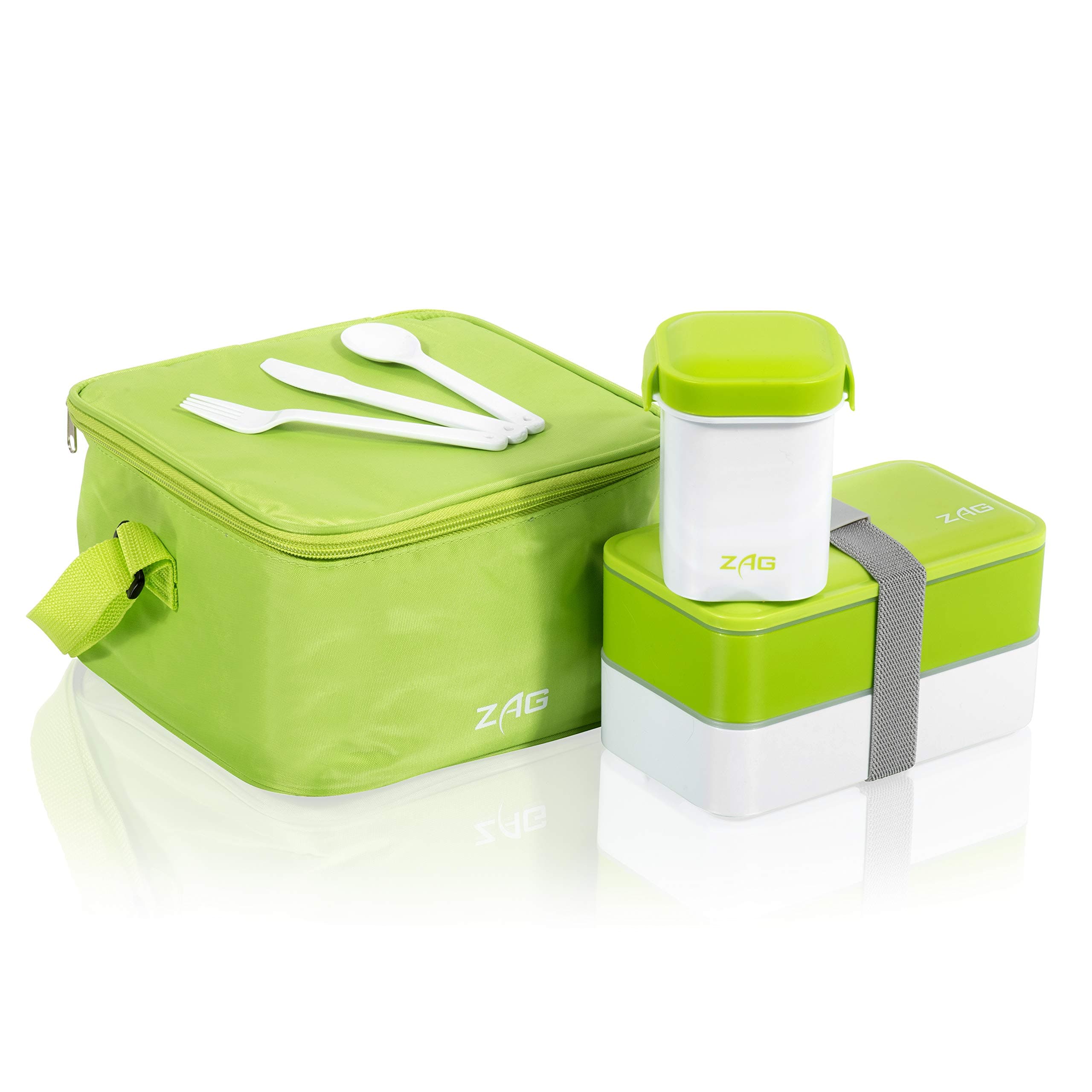 Lunch Box with 2 Tier Compartments, Leakproof Soup/Drink Container, Cool Bag, Reusable Cutlery BPA Free Microwave Safe Plastic Japanese Bento (Green)…