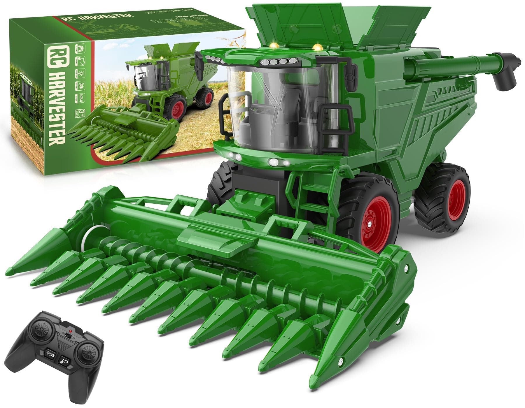 Uarzt Remote Control Combine Harvester Tractor Toy with Corn Head, RC Tractor Toys for Kids 3+, Light/Spray/Sound/1/24 Scale, Farm Toy Combine Harvester for Kids, Christmas Birthday Gift