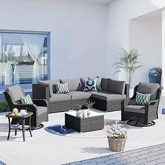 HOOOWOOO Patio Outdoor Sectional Furniture Sofa Set with Swivel Chairs,8 Piece L Shaped Corner Wicker Rattan Couch Set with Glass Table,Modern 6 Persons Summer Patio Conversation Set(Charcoal Gray)