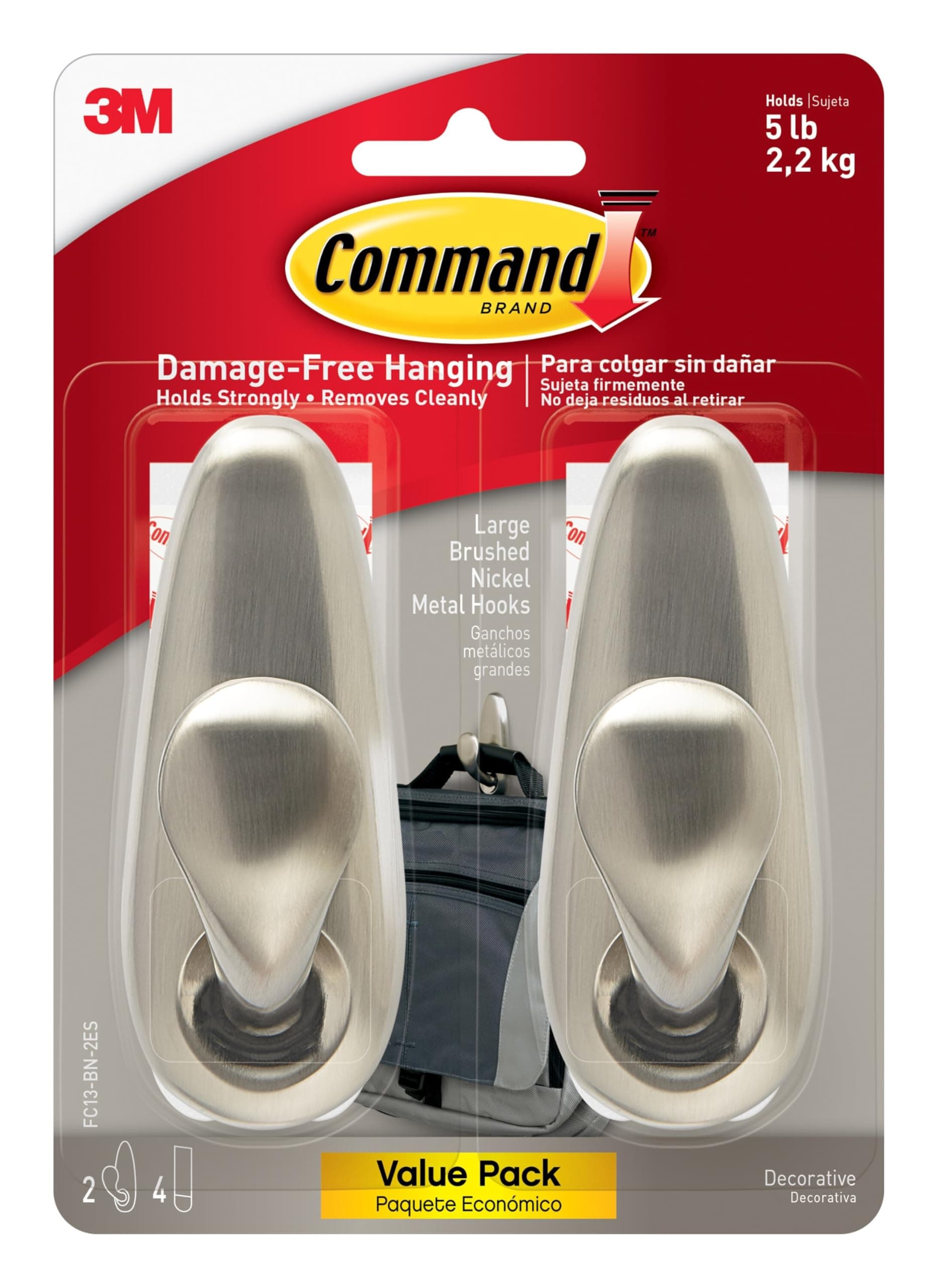 Command Forever Classic Large Metal Wall Hooks, Damage Free Hanging Wall Hooks with Adhesive Strips, Wall Hooks for Hanging Back to School Dorm Organizers, 2 Metal Hooks and 4 Command Strips