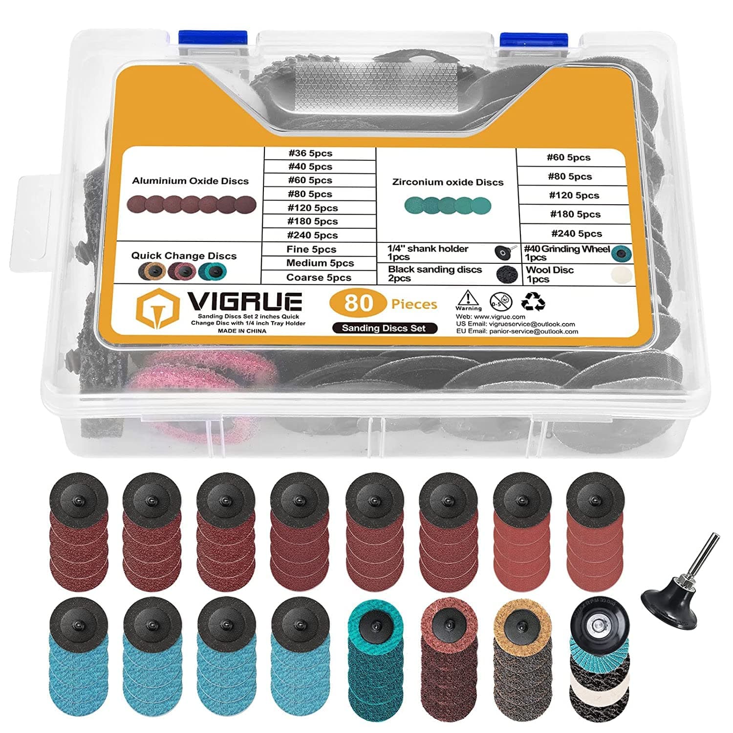 VIGRUE 2 Inches Roloc Quick Change Discs, 80Pcs Sanding Discs Set with 1/4 inch Holder, Surface Conditioning Discs for Die Grinder Surface Prep Strip Grind Polish Finish Burr Rust Paint Removal