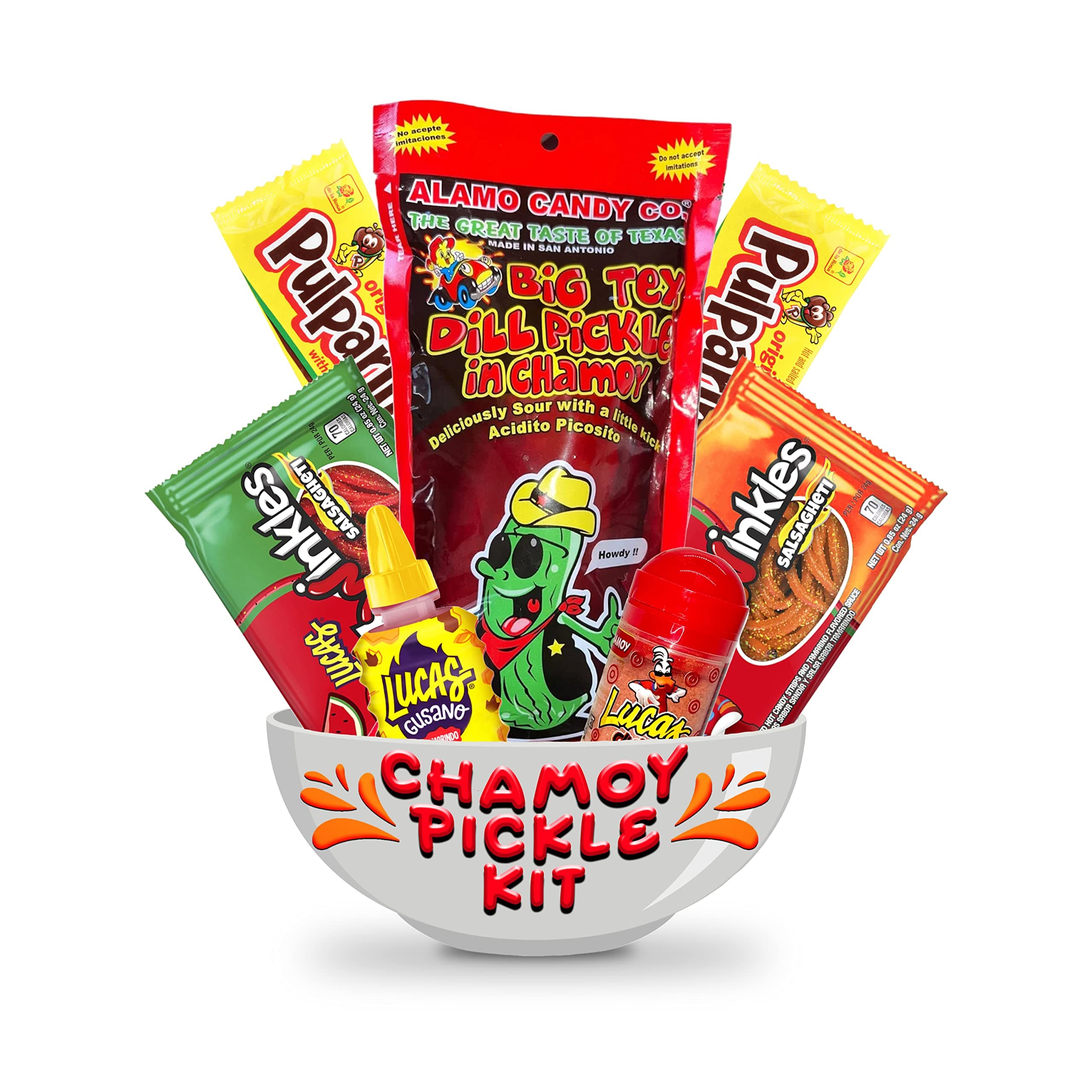 Chamoy Pickle Kit, Mexican candy mix ready to make the famous tiktok trend items, Includes original Alamo Dill Pickle, Baby Lucas, Lucas Gusano, Skwinkles Salsaghetti & Pulparindo