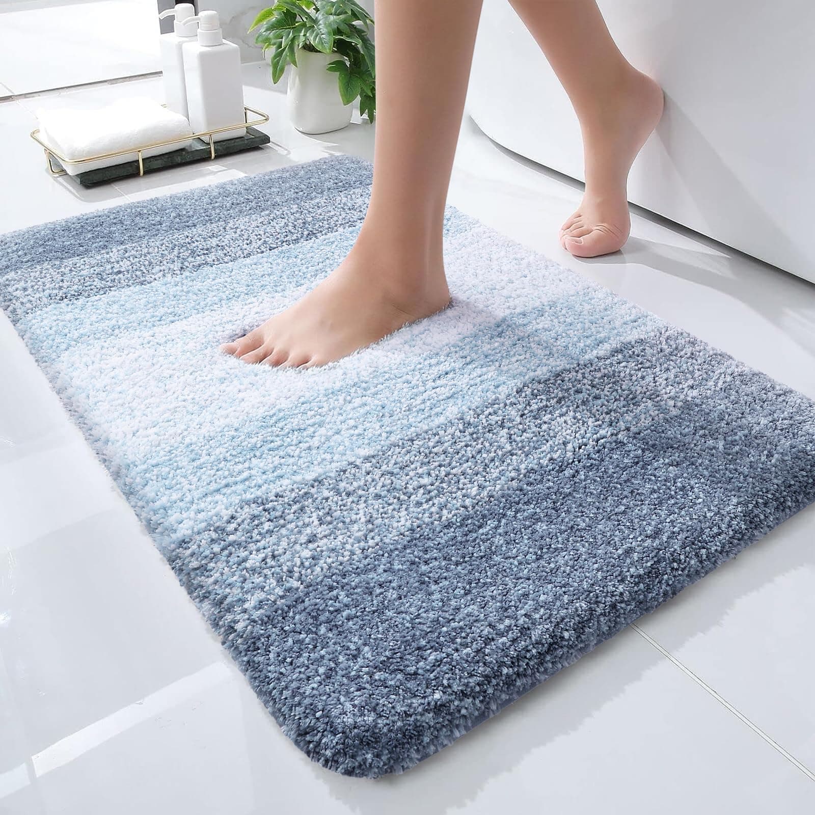 Bathroom Rug Mat 24x16, Extra Soft and Absorbent Polyester Bath Rugs, Non-Slip Plush Shaggy Bath Carpet, Machine Wash Dry, Bath Mats for Bathroom Floor, Tub and Shower, Blue