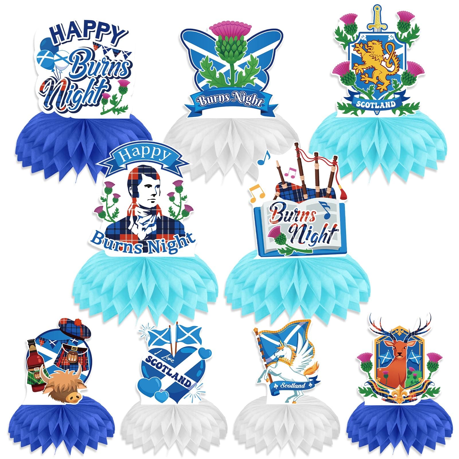 – DPKOW Burns Night Party Table Decorations, 9 Pcs Burns Night Party Honeycomb Centrepiece Scotland Party Decorations Scottish Flag, Thistle, Deer, Unicorn, Highland Cow, Bagpipes