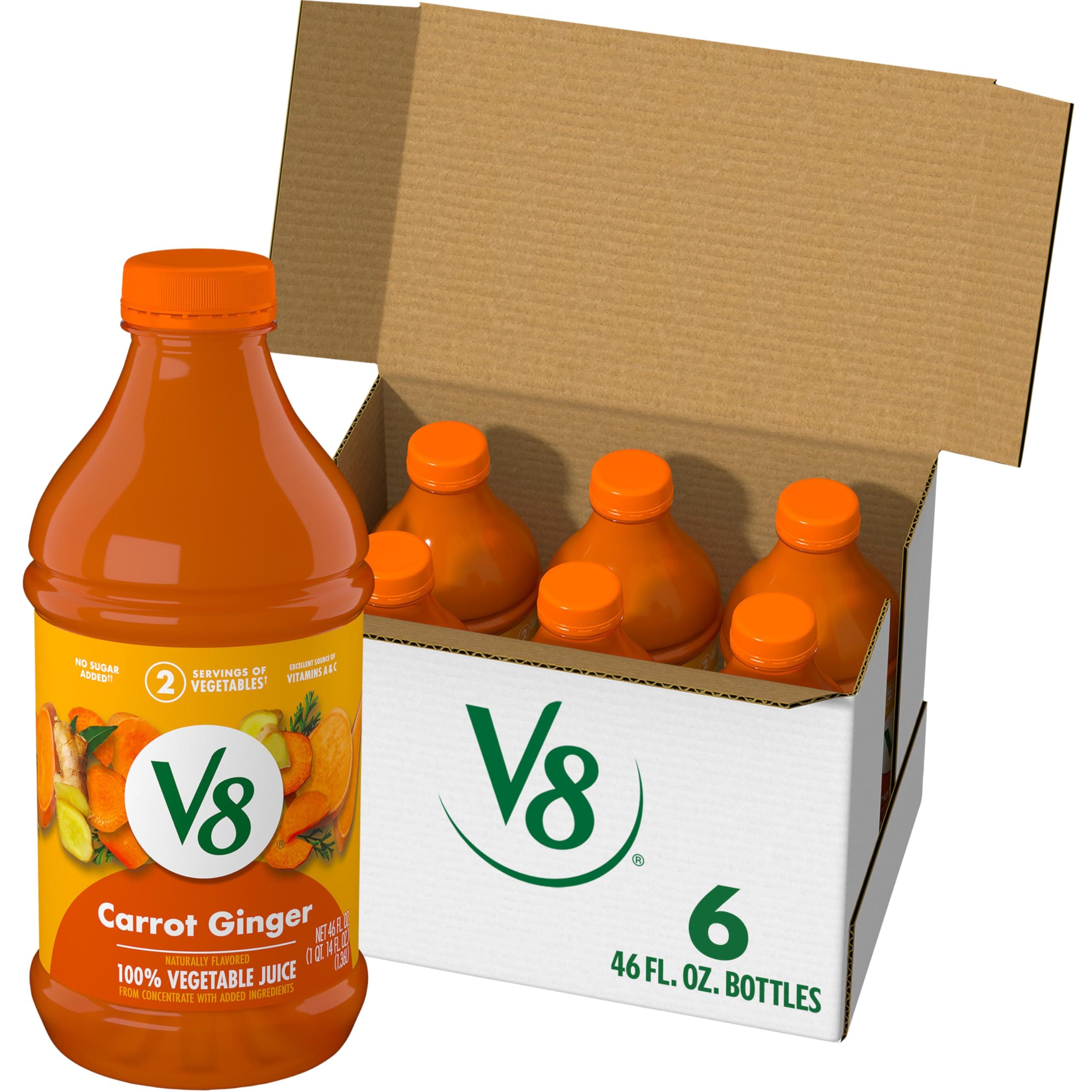 V8 Carrot Ginger 100% Vegetable Juice, 46 fl oz Bottle (6 Pack)