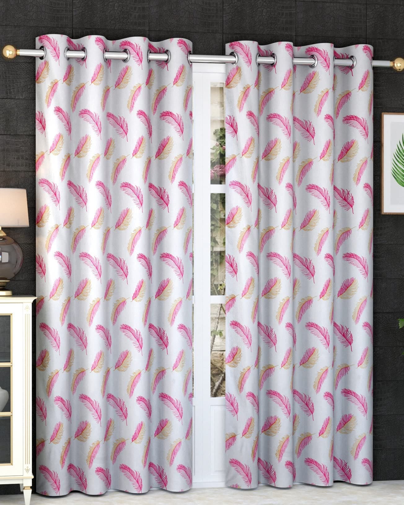 Baizevio Polyester Grommet Feather Print Drapes Window Curtains Pack of 1 - Pink, 4ft x 6ft