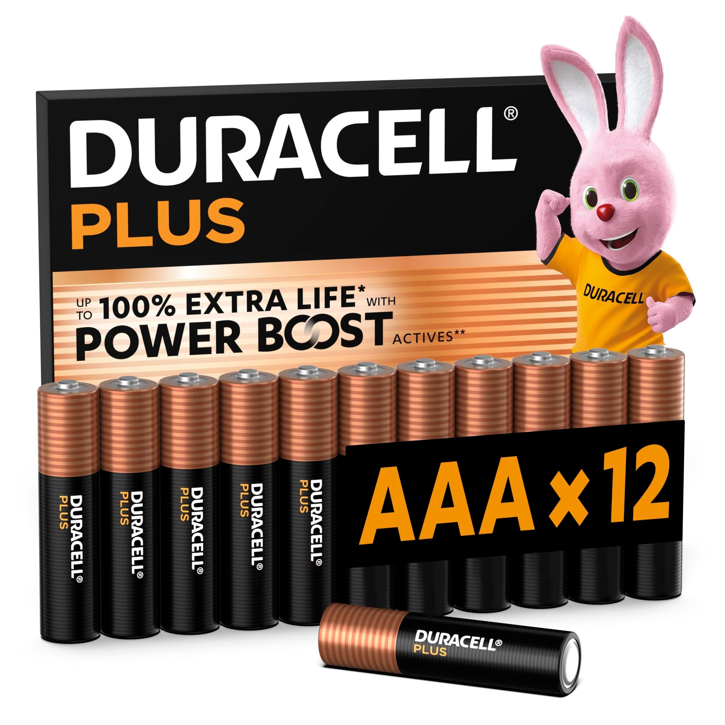 DURACELL Plus AAA Batteries (12 Pack) – Alkaline Batteries 1.5V – Up to 100% Extra Life with POWER BOOST Actives– Reliability For Everyday Devices – 0% Plastic Packaging – 10-Year Storage-MN2400
