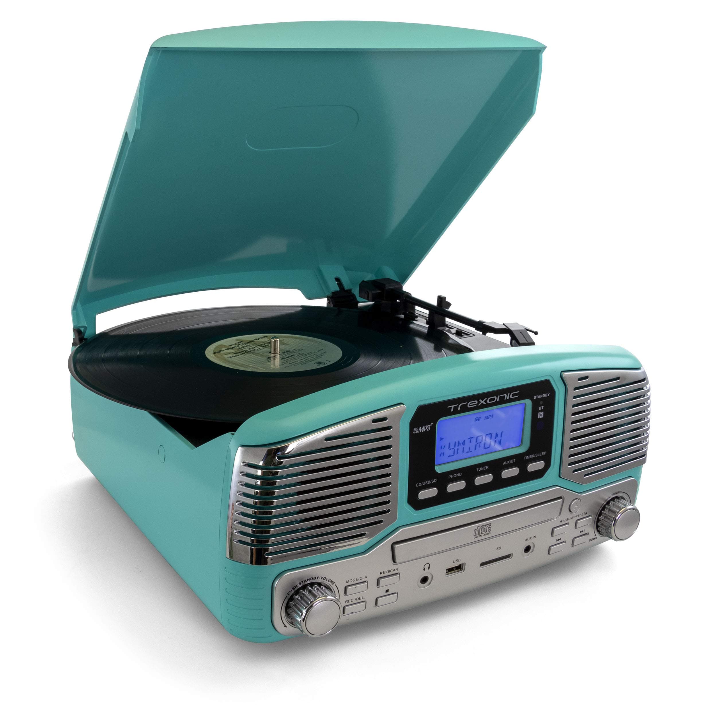 Trexonic Retro Record Player with Bluetooth, CD Players, and 3-Speed Turntable in Turquoise (TRX-16TRQ)