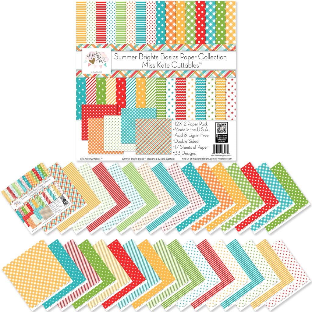 Pattern Paper Pack - Summer Brights Basics - for Vacation - 17 Double-Sided 12"x12" Collection Includes 34 Patterns - Scrapbooking Card Making Crafting - by Miss Kate Cuttables