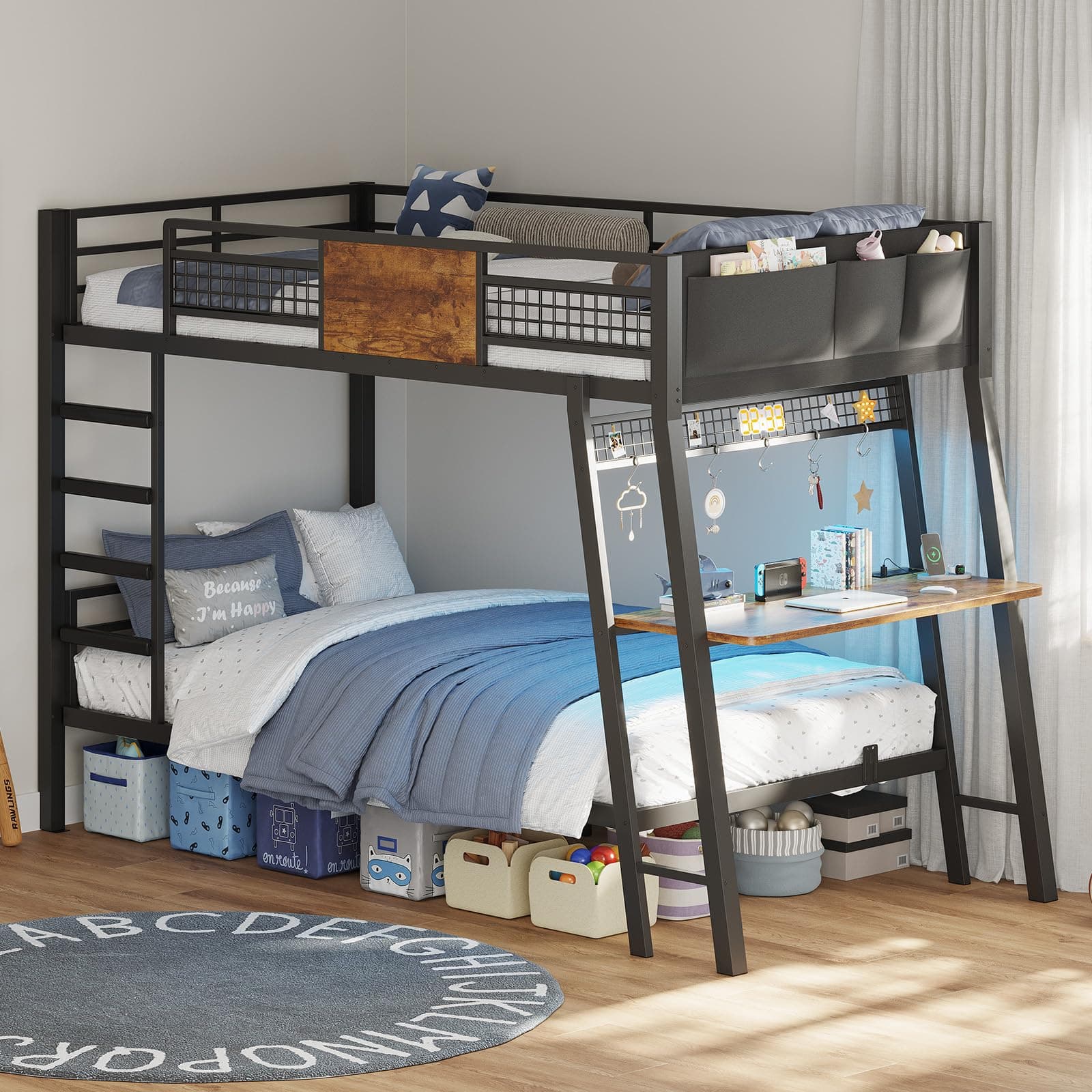 Bunk Bed for Small Space, Twin Over Twin Bunk Beds with Desk, Power Outlets, RGB LED Lights, Storage, Metal Beds with Safety Guardrail & Ladders, No Box Spring Needed (Rustic Brown, No Drawer)