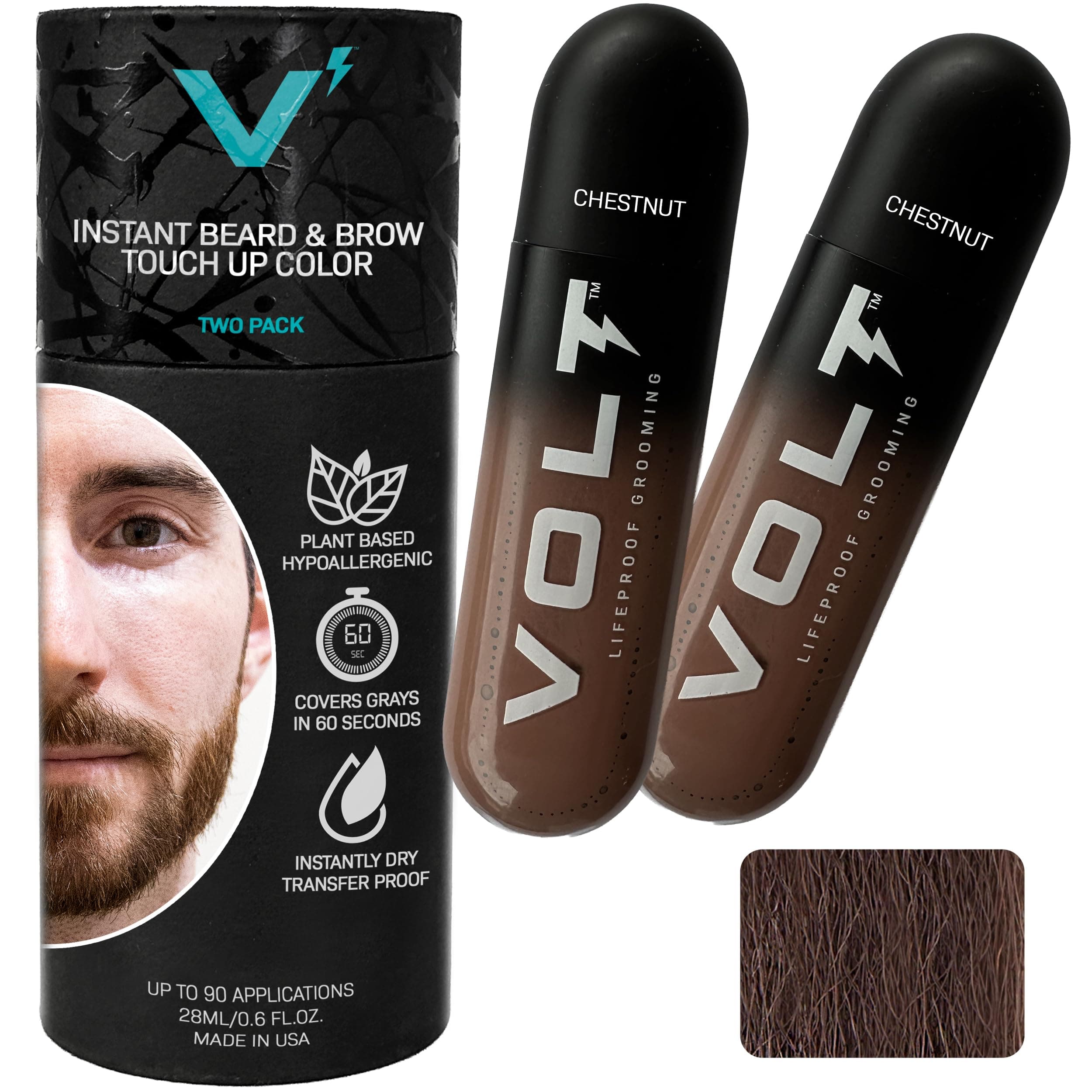 VOLT Grooming Temporary Instant Beard Color for Men, Quick Drying Plant-Based Brush On Beard, Hair, Mustache & Eyebrow Color, Safe for Sensitive Skin, Chestnut Brown, 2-Pack Refill, 90+ Applications