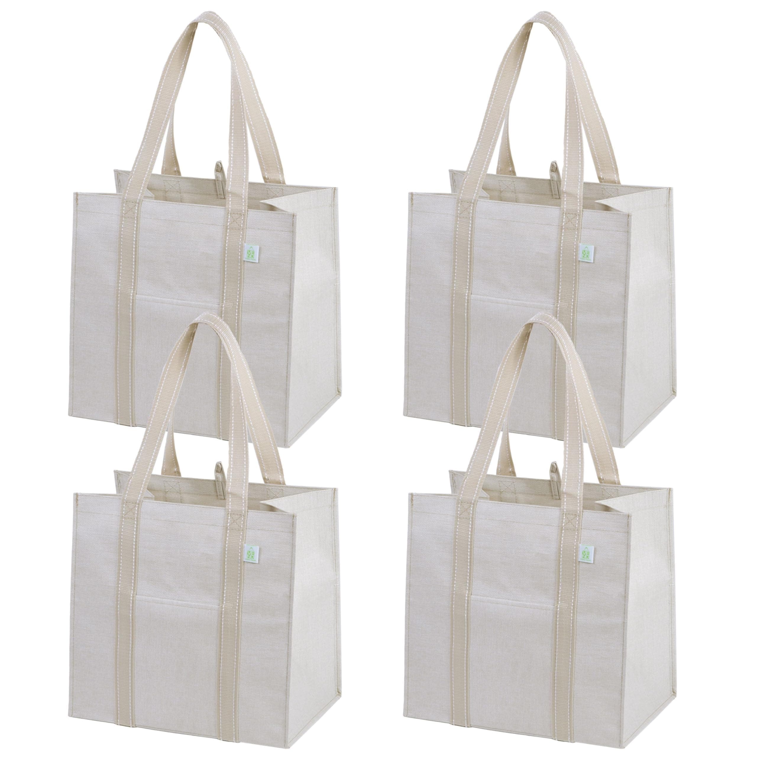 4 Pack Reusable Grocery Bags with Long Handle & Front Pocket, Heavy-Duty Shopping Tote Bags with Hard Bottom, Large Water Resistant Foldable Shopping Bags