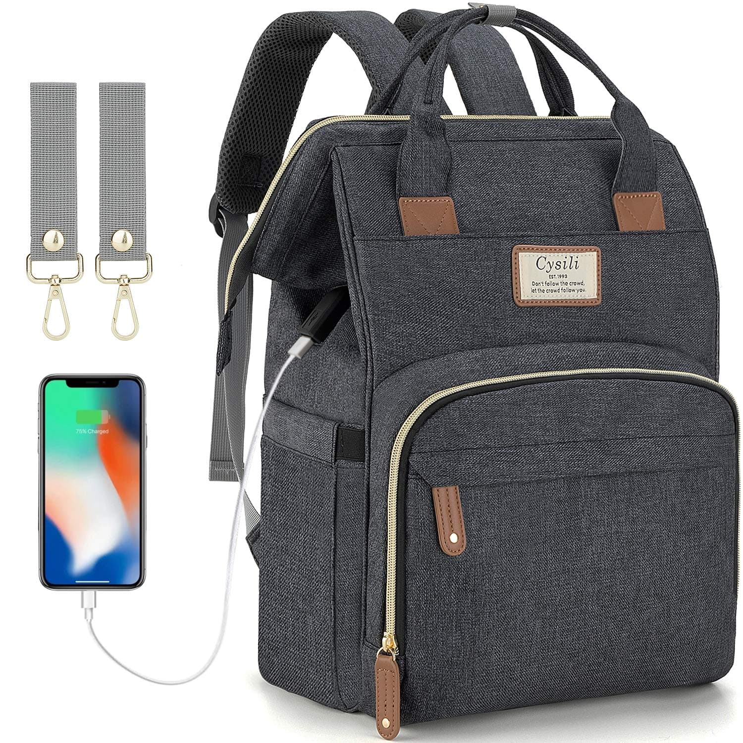 Diaper Bag Backpack with USB Charging Port and Stroller Straps, Maternity Nappy Bag with Insulated Feeding Bottle Pocket (Dark Grey)