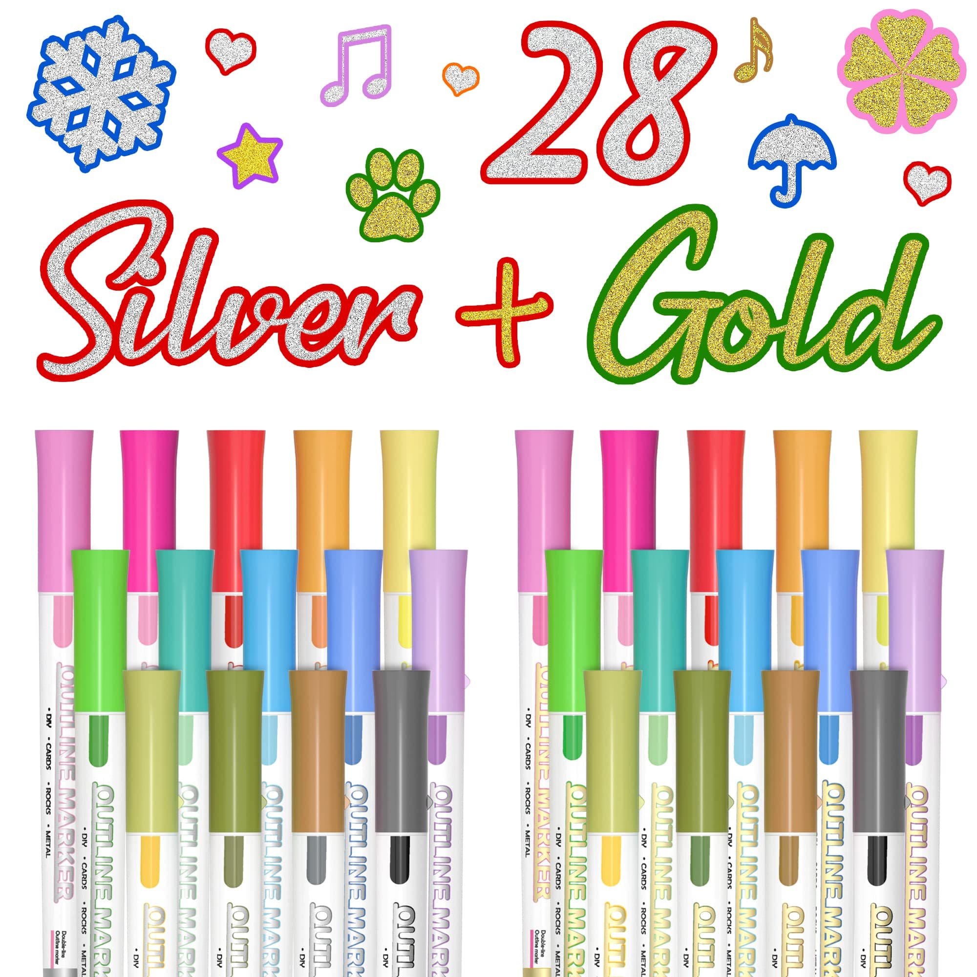Shuttle Art 28 Pack Double Line Outline Permanent Markers, 14 Silver and 14 Gold Colors Squiggles Shimmer Markers Set, Self Outline Metallic Marker Pens for Drawing, Christmas Card, DIY Crafts
