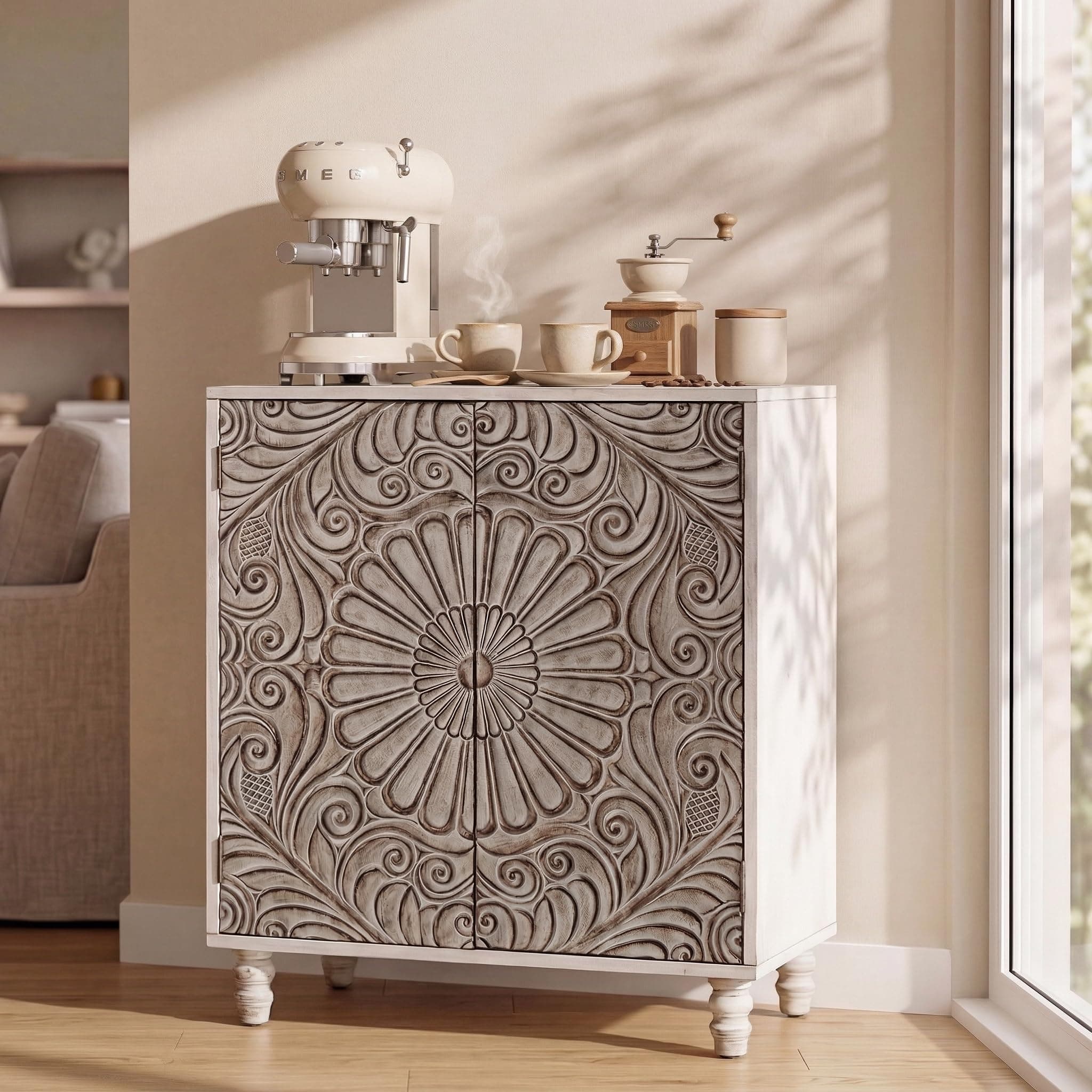 COSIEST 32" W Sideboard Buffet Cabinet with Storage, Accent Cabinet with 2 Push-to-Open Magnetic Doors, Vintage MDF Buffet Table for Living Room, Kitchen, Hallway (Gray,Flower Pattern)