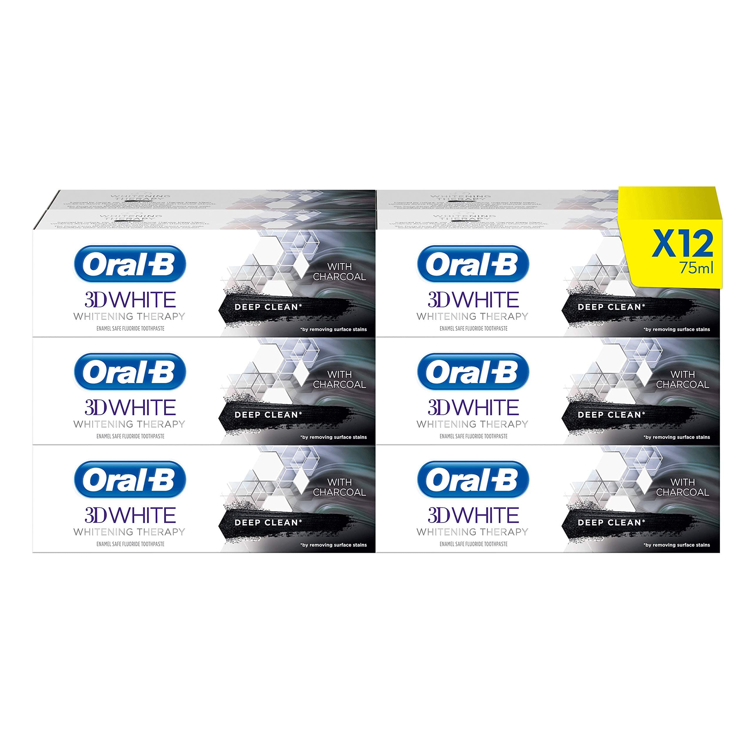 Oral-B 3D White Therapy Whitening Toothpaste, Deep Clean with Charcoal, Teeth Whitening & Teeth Stain Removal, 900 ml (75 ml x 12)