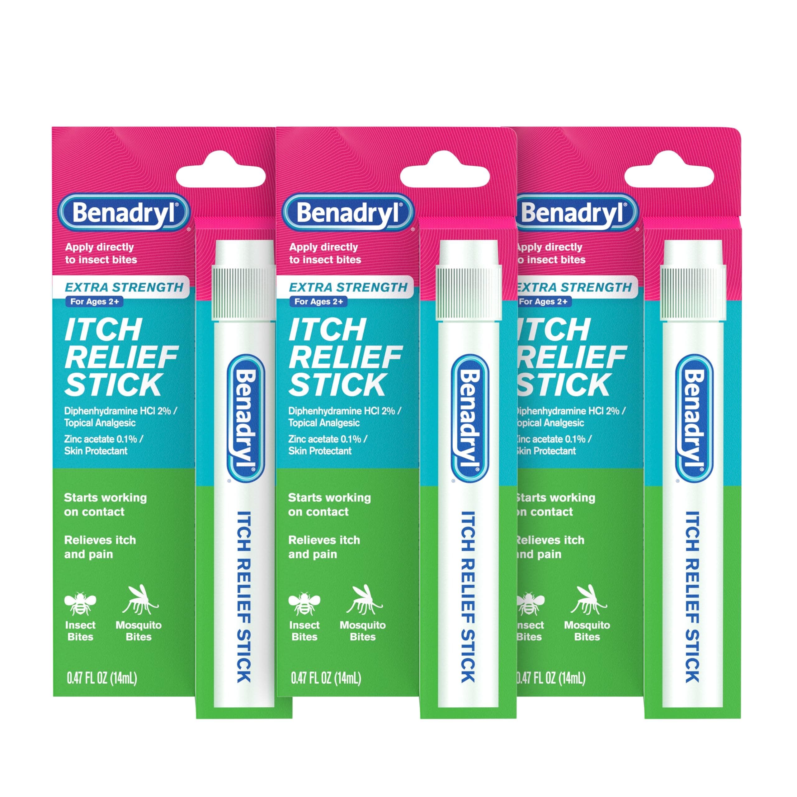 Extra Strength Anti-Itch Relief Stick, Bug Bite Itch Relief, Diphenhydramine HCl Topical Analgesic & Zinc Acetate Skin Protectant, Great for Camping Essentials, 0.47 fl oz (Pack of 3)