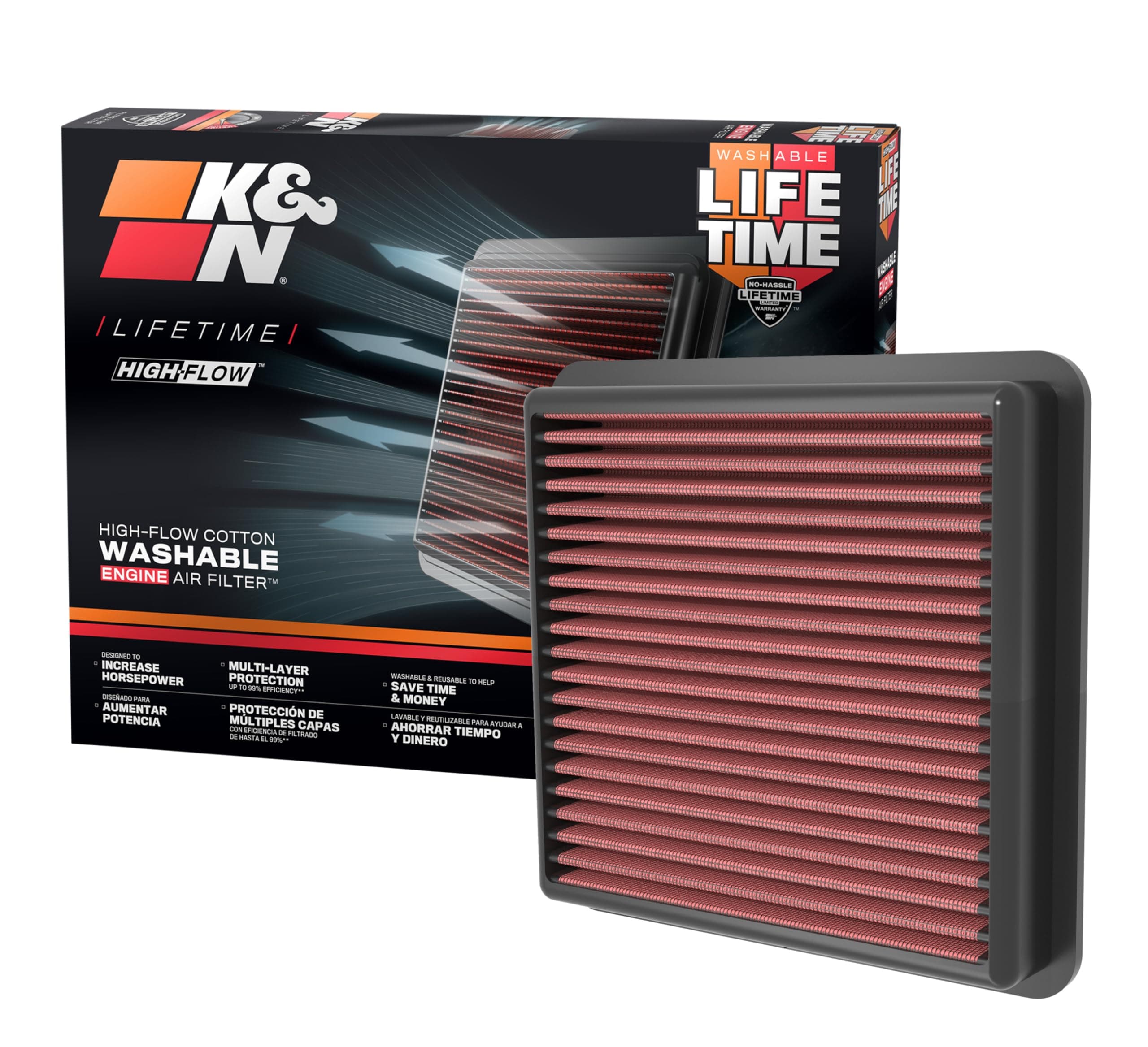 High-Flow Original Lifetime Engine Air Filter: Increase Power: Premium, Washable: Compatible with 2020-2025 Hyundai/Kia: Elantra, i30, Kona, K4, 33-5118