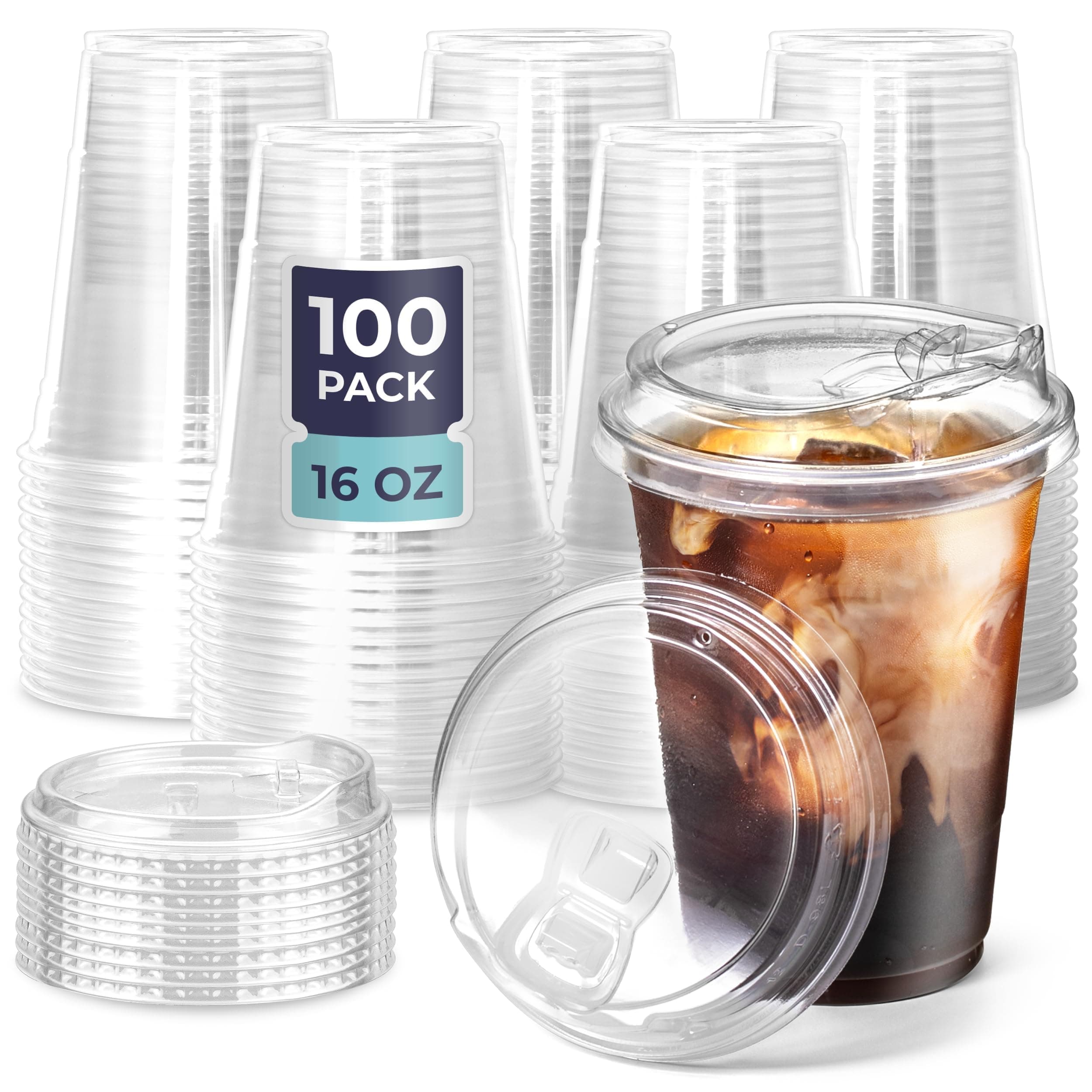 Fit Meal Prep 100 Pack 16 oz Clear Plastic Cups With Strawless Sip Lids, Disposable To Go Cups for Iced Coffee, Smoothies, Soda, Party Drinks, Bubble Tea, Cold Beverage