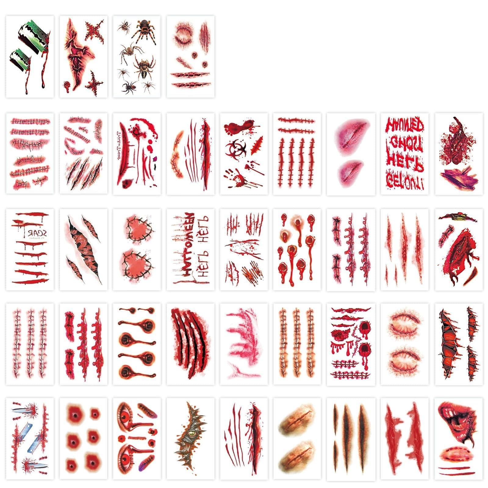 265 PCS 40 Sheets Fake Scars Temporary Tattoos, Horror Realistic Wound Stitch Face Body Makeup Zombie Sticker, Cosplay Masquerade Prank Scary Halloween Party for Kid Women Men Boys Girls