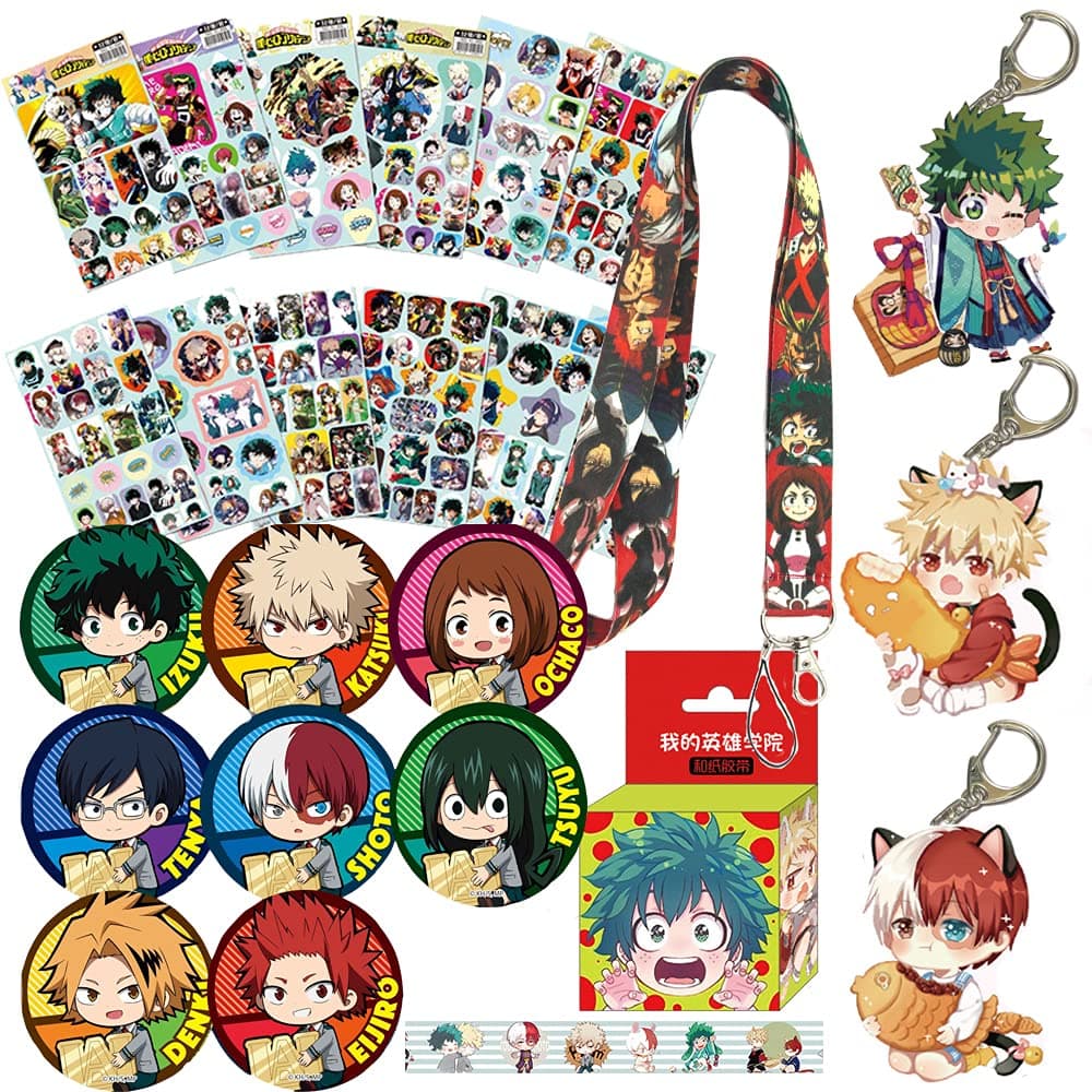 MHA Stickers Gift Set-36 Pcs MHA Sticker+ 8 Button pin +1 Izuku Midoriya Katsuki Bakugou Shoto Todoroki Keychain + 1 MHA Carton Paper Tape +1 Lanyard