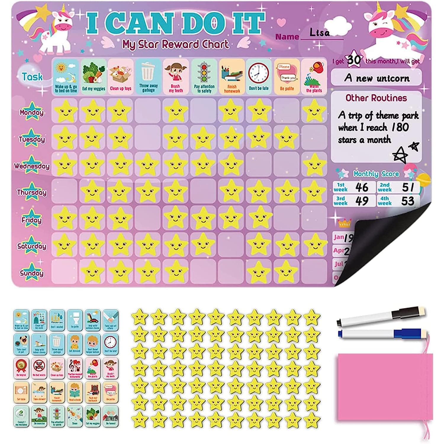 X spring Magnetic Reward Chart Kids, Kids Chore Chart with Insertable Pen Behavior Tile and Star Tile, Daily Routine Responsibility Chore Chart for Kids, Reward Chart for Kids Educational Toys (Pink)
