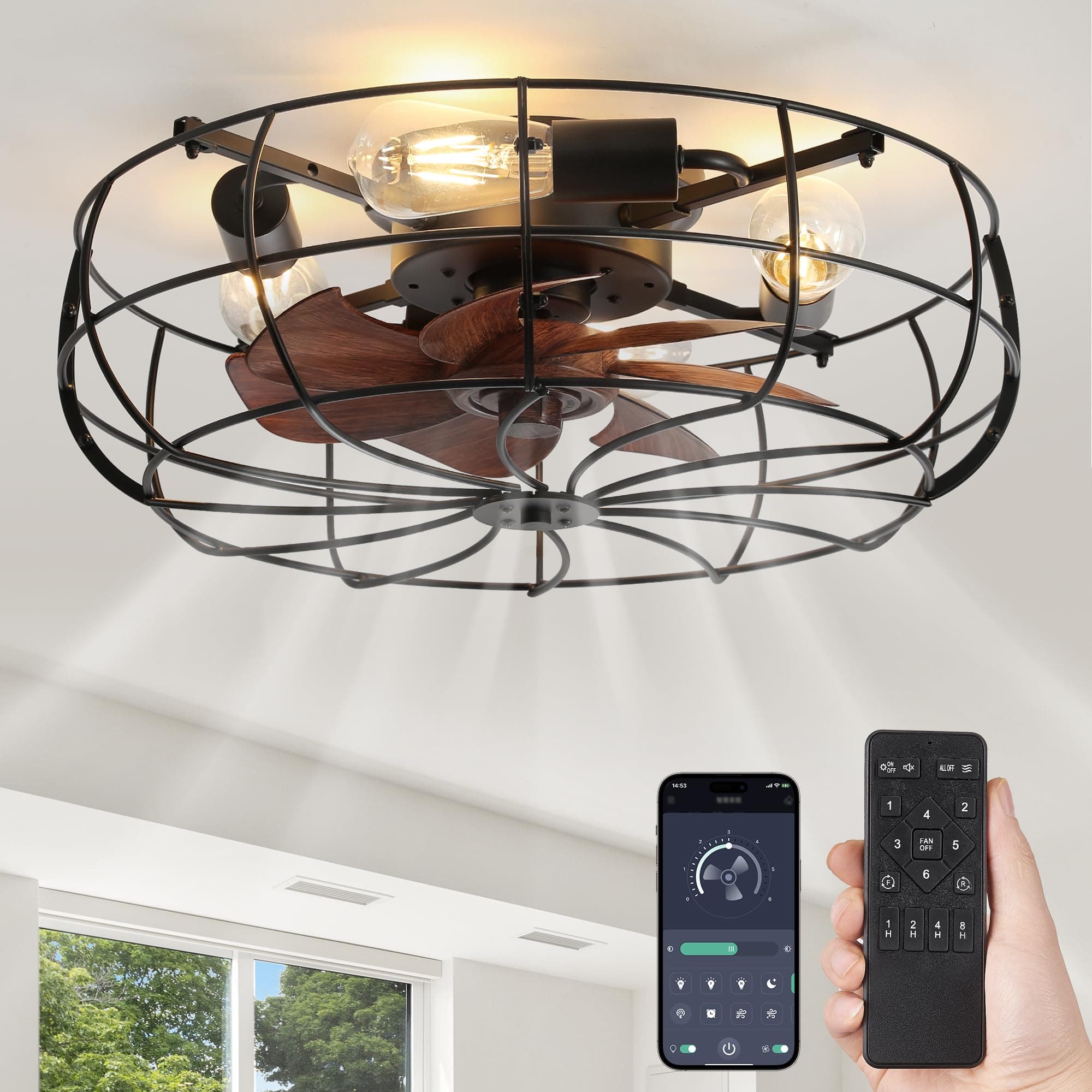 20" Caged Ceiling Fans with Lights and Remote, Flush Mount Bladeless Ceiling Fan Low Profile, Small Farmhouse Industrial Enclosed Ceiling Fan with Light for Bedroom, Kitchen, Indoor
