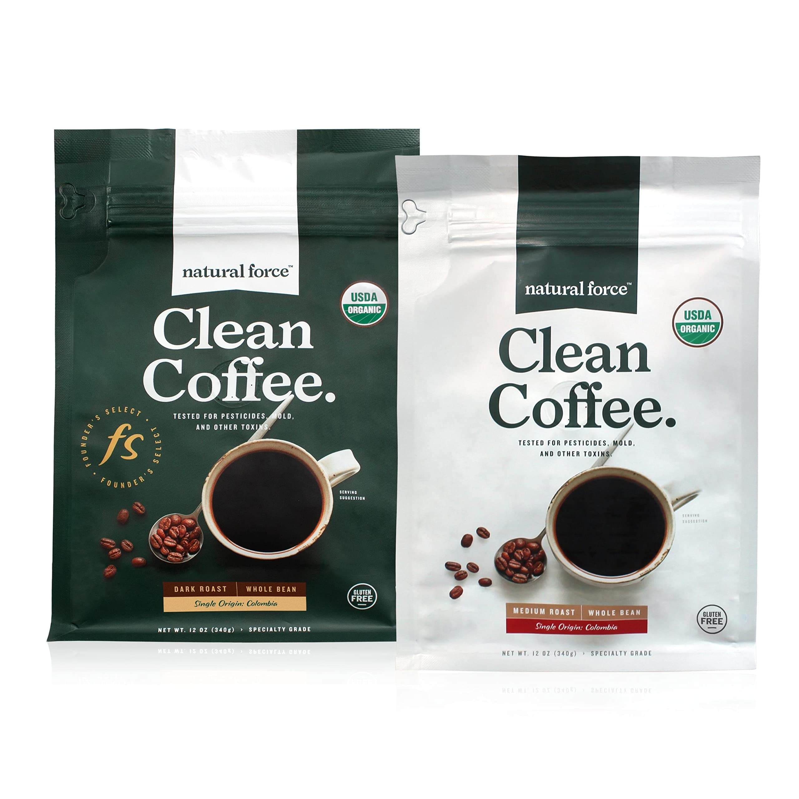 Clean Coffee Dark + Medium Roast Bundle - Organic, Mold Free, Whole Bean Coffees Tested for Toxins and Powered by Purity – Great Taste + Aroma - 2x 12 Ounce Bags