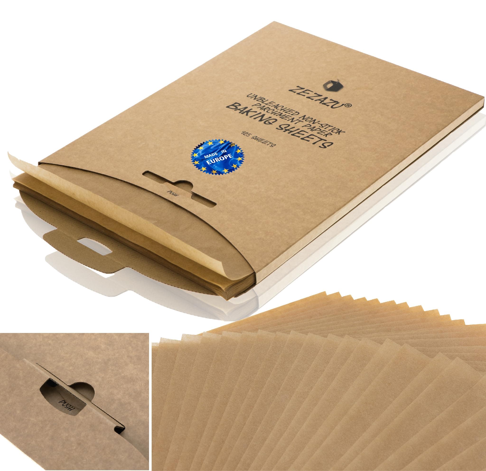 ZeZaZu Parchment Paper Sheets for Baking - 100 Sheets, Precut 30.5 x 40.6 cm (12 x 16 in) Exact Fit for Half-Sheet Baking Pans, Unbleached, Dual-Sided Coating, Siliconized, Non-Stick, RECLOSABLE Pack