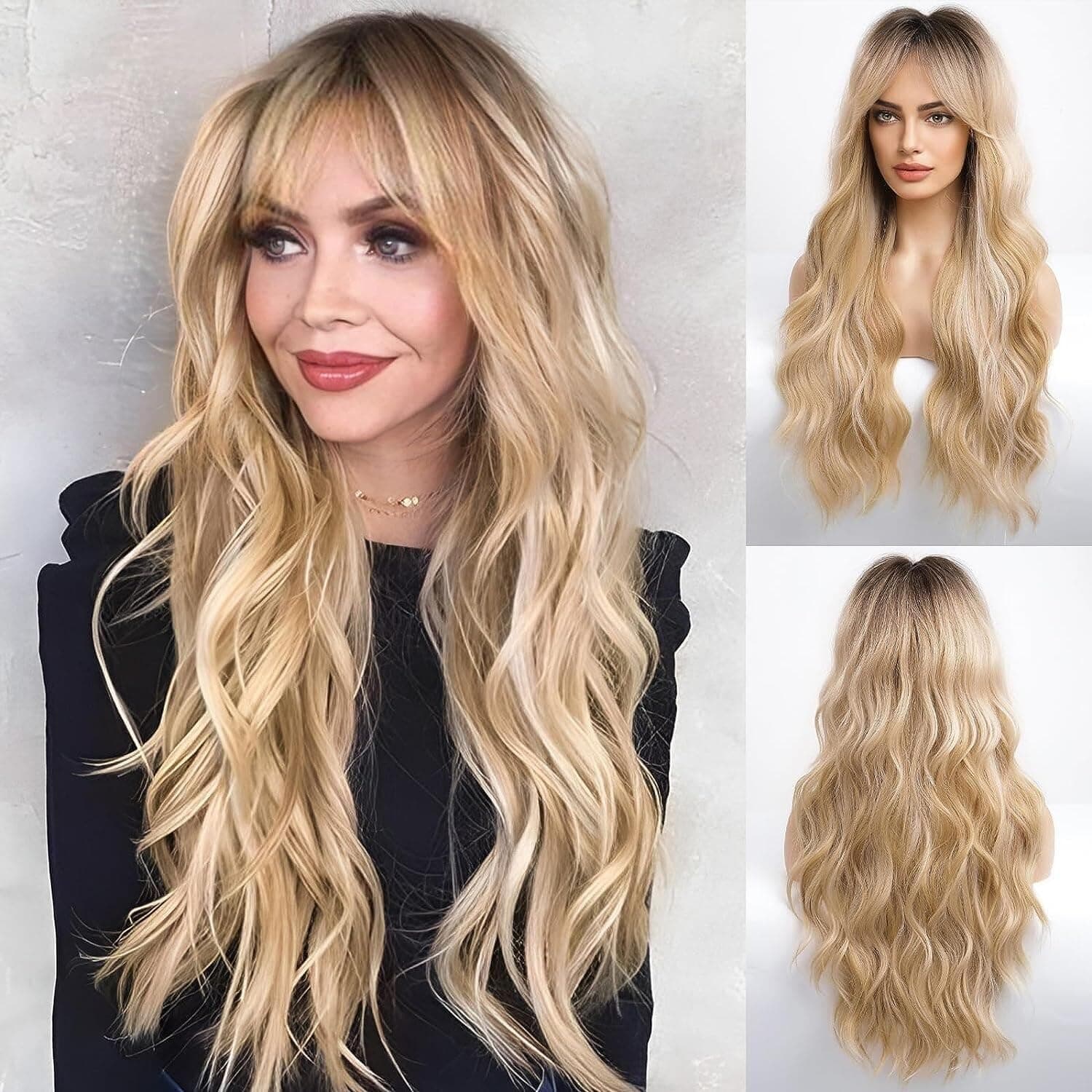 Blonde Long Curly Wig with Bangs Dark Root Highlight Natural Appearance Heat-Resistant Synthetic Wig Suitable for Fashionable Women 25Inch