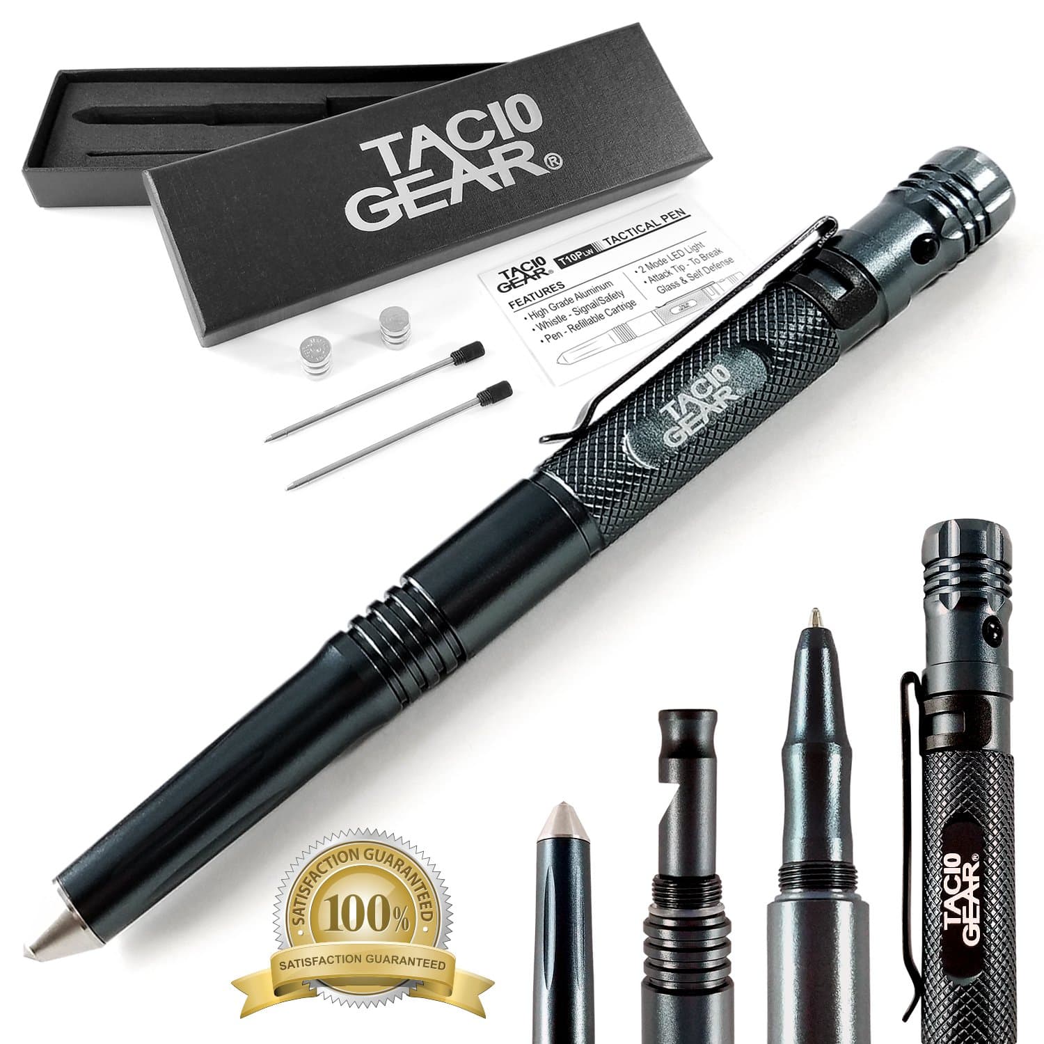 Tactical LED Flashlight Pen - 2 Light Modes + Glass Breaker + Alert Whistle + 2 Sets Of Batteries + Extra ink + Gift Box (QTY 1, Black)